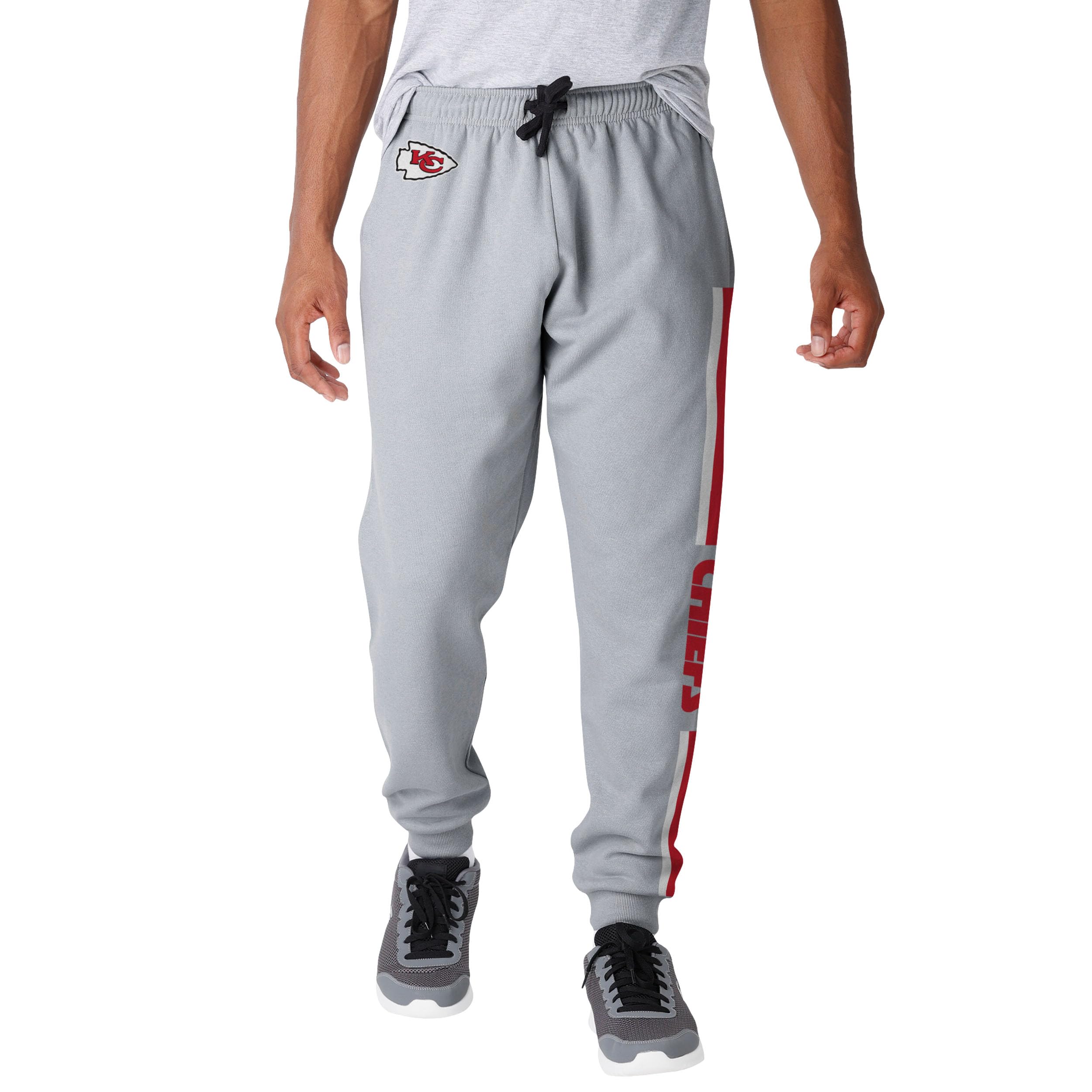 FOCO NFL Men's Officially Licensed Heathered Gray Primary Logo Wordmark Team Stripe Football Sweatpants Joggers Pants, Kansas City Chiefs, XXL