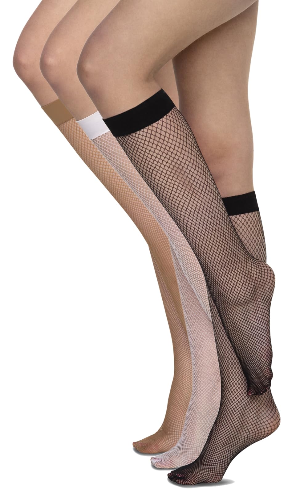 Annes styling Womens Netted Knee-High Socks Fishnet Style Basic Stocking Under Knee Tighs, Rete, Multicolor, 3-Pack