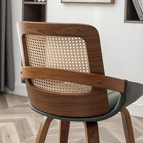 Miniatura 6 de Juego de 4 sillas de cocina y comedor, sillas de comedor verdes con marco de madera curvada de nogal, respaldo ergonómico de ratán, brazos curvos,