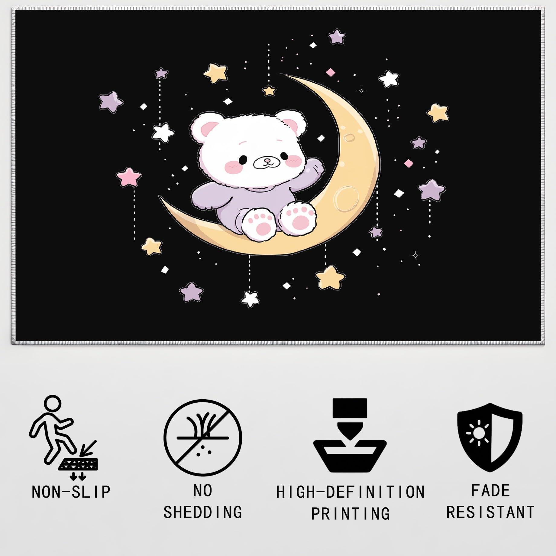 Generisch 80 x 150 cm Teppich Fantasy Cartoon Traumhaft Teppiche Mond Teddybär Schwarz Teppiche & Klettverschluss Maschinenwaschbar für Dekoration Schlafzimmer Kinderzimmer Wohnzimmer