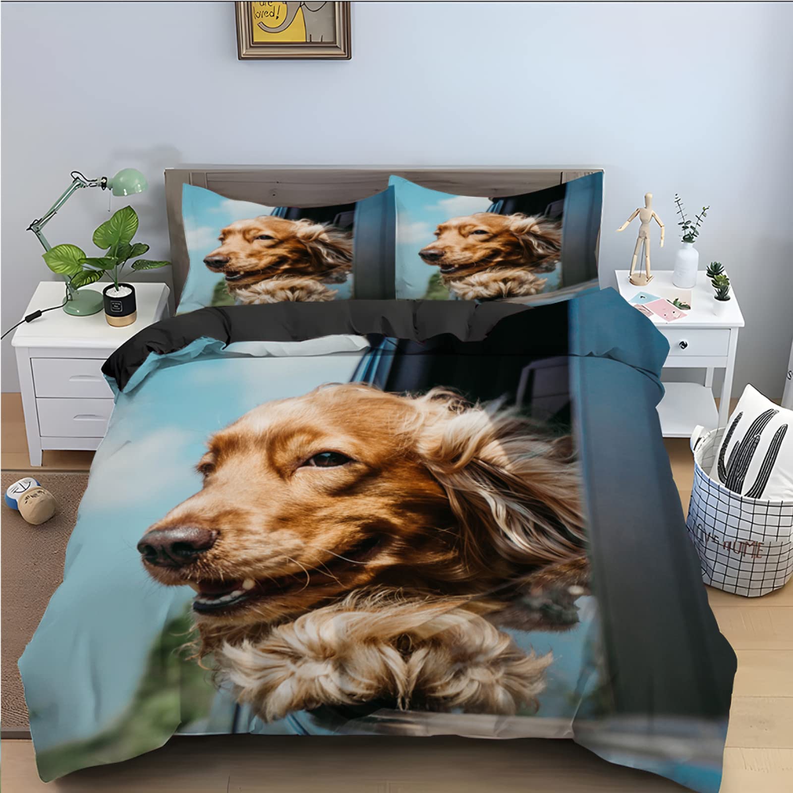 Pościel 155 x 220 cm, Golden Retriever, poszwa na kołdrę 155 x 220 cm z zamkiem błyskawicznym - ciepła, puszysta, miękka pościel z mikrofibry dla alergików + 2 poszewki na poduszkę 80 x 80 cm cm (rozmiar można zmieniać)