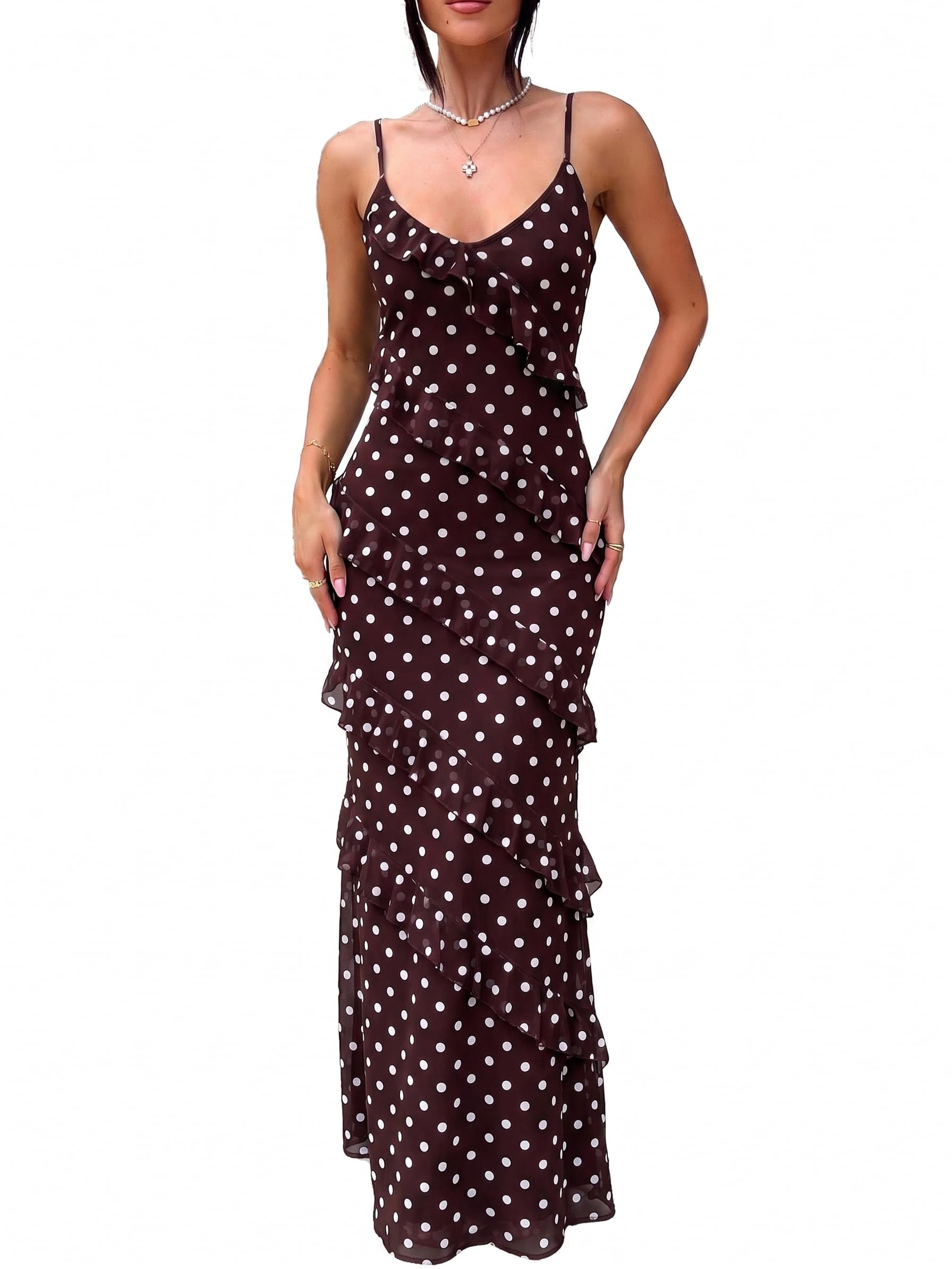HOCILLE Women's Sexy V Neck Mesh Bodycon Wedding Guest Cocktail Maxi Dress | Sundress Spaghetti Strap Elegant Ruffle Party Long Dresses