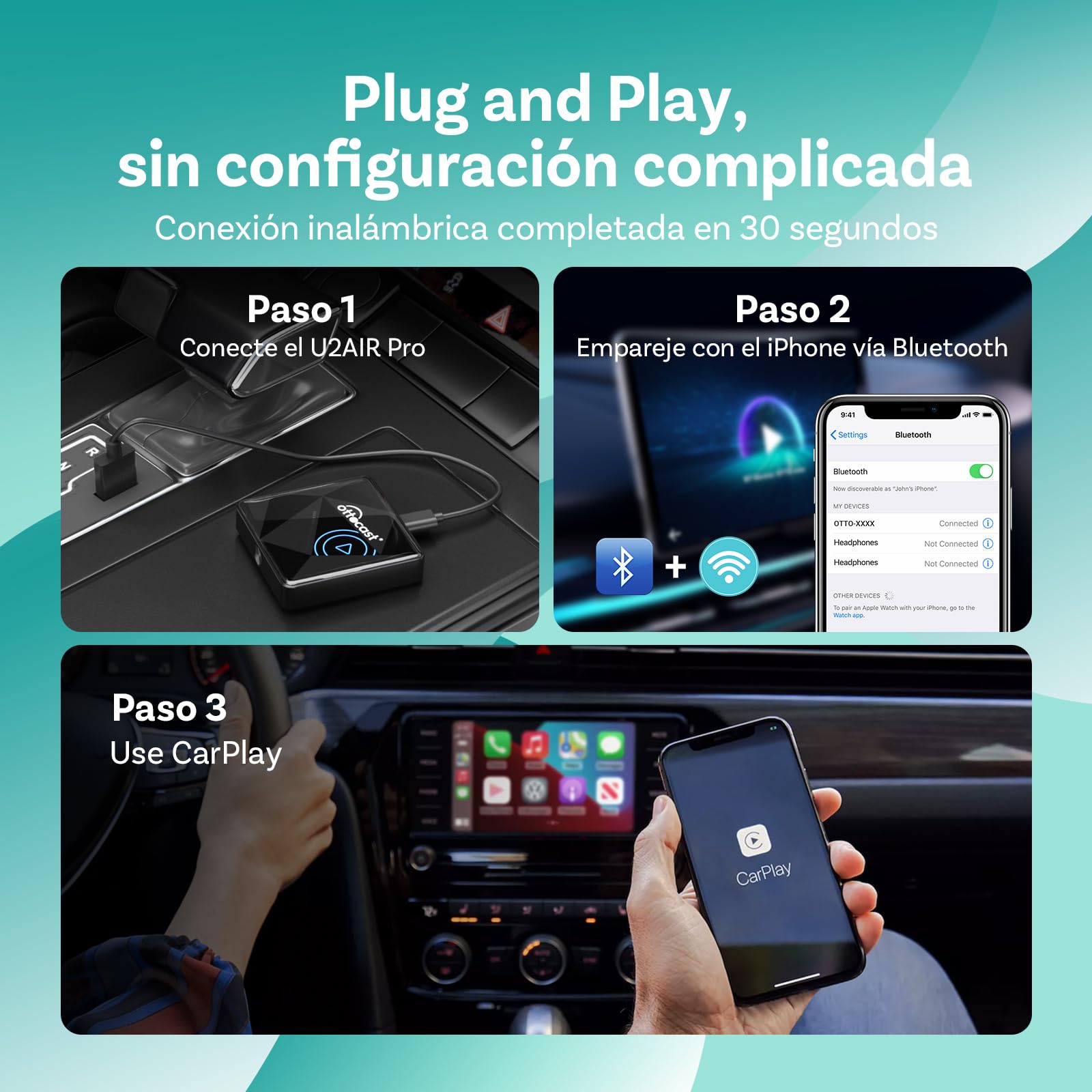OTTOCAST U2Air Pro Adaptador Wireless CarPlay, Conexión Bluetooth & Wi-Fi Sin Problemas, Compatible con iOS 11+, Funciona con Vehículos CarPlay por Cable a Partir de 2016