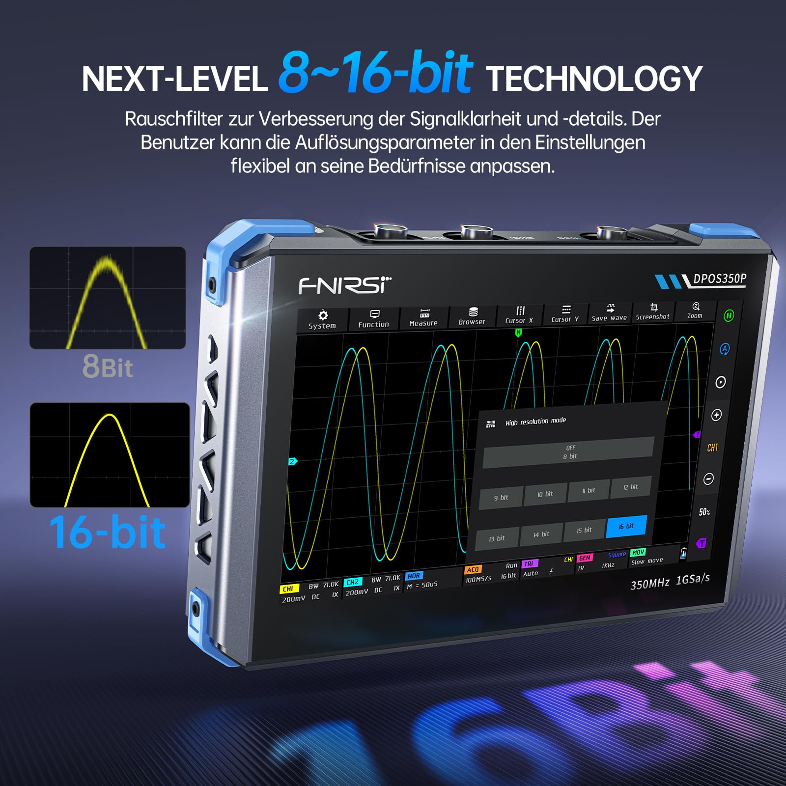 FNIRSI DPOS350P 4-in-1 Tablet-Oszilloskop 350 MHz, Spektrumanalysator 200 kHz – 350 MHz, Frequenzganganalysator DDS-Generator, 2-Kanal-Handoszilloskop 1 GSa/s, 7-Zoll-Touchscreen, digitaler Phosphor