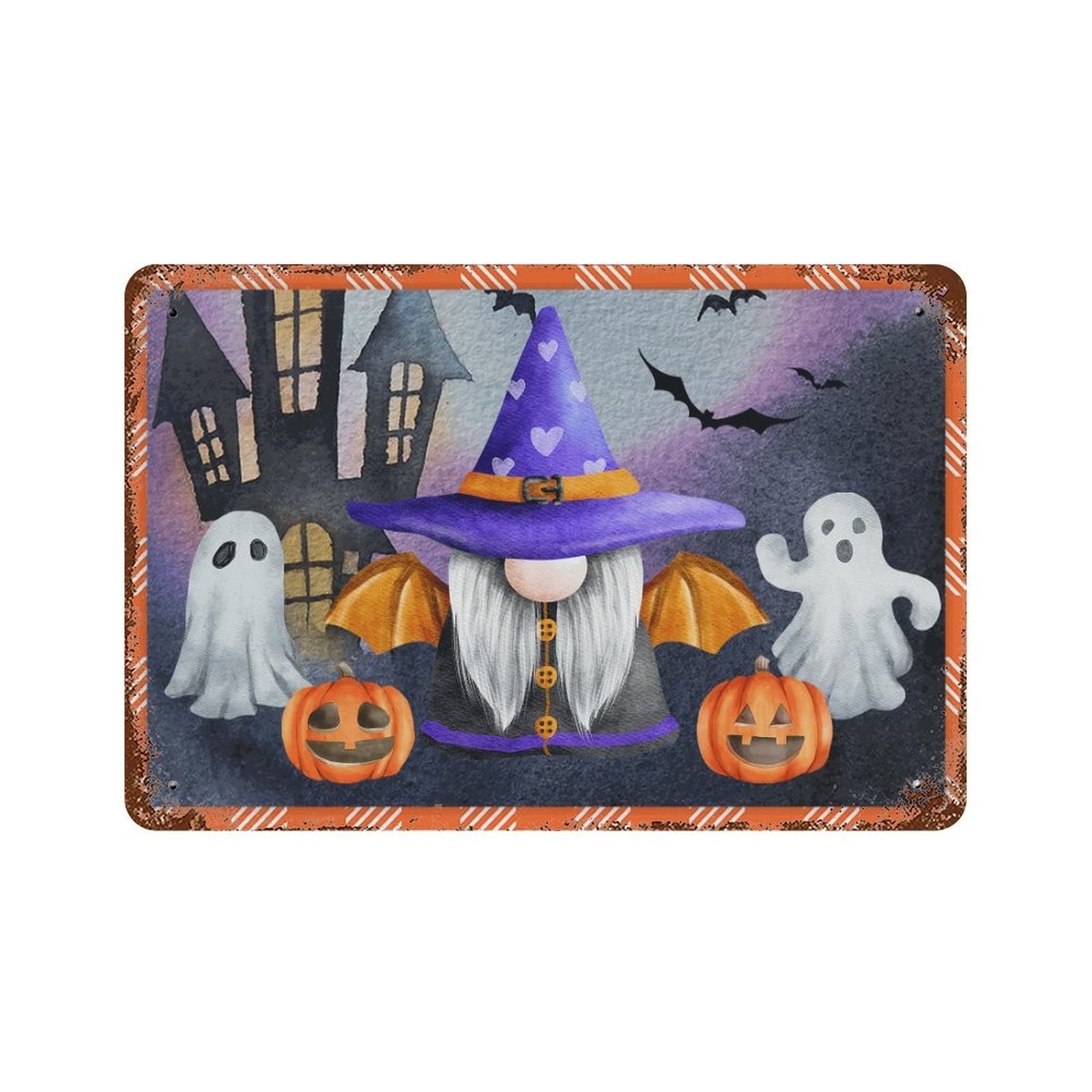 Panneau en métal Happy Halloween avec nain et citrouilles Jack O Lantern pour cour 30x45 cm