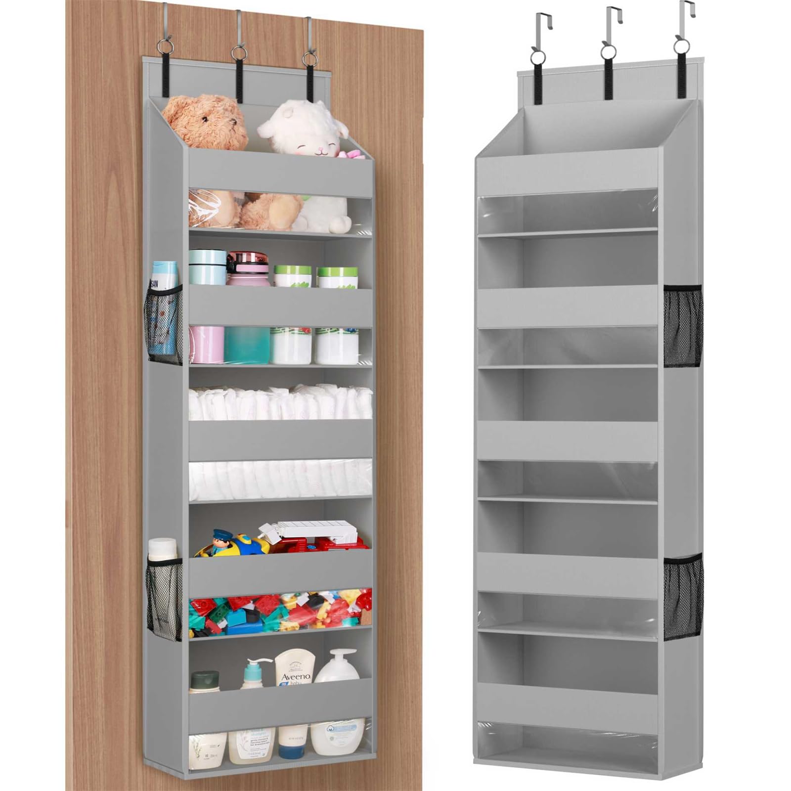 Lifewit1 Pack Over the Door Organizer, 5 Shelf Clear Window Hanging Storage with 4 Mesh Side Pockets, Anti Tilt 40lbs Load Behind Door for Pantry, Nursery, Bathroom, Bedroom, Kitchen, Dorm,Light Grey