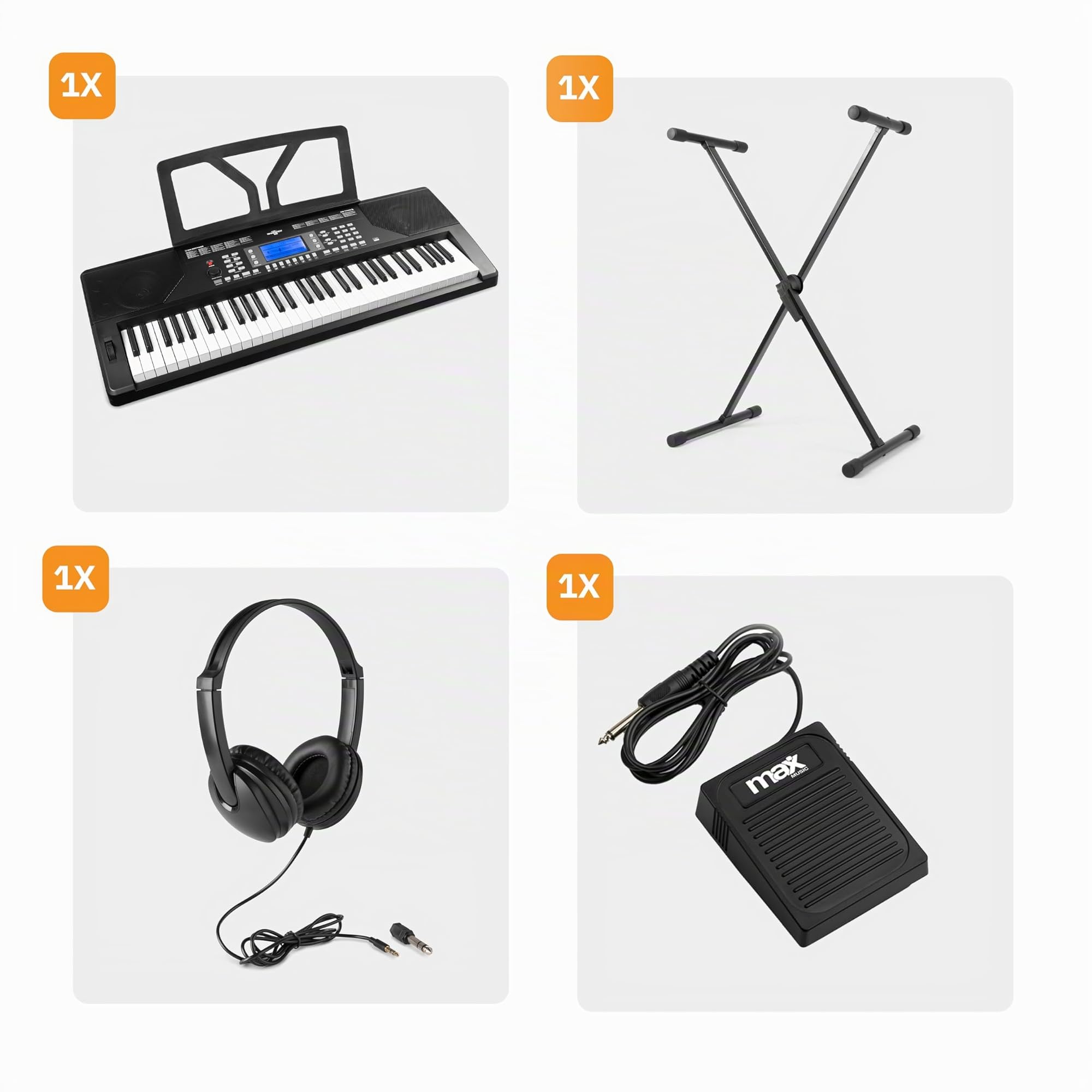 MAX Rhapsody61P - MIDI Keyboard Piano mit 61 Tasten und Pitch-Wheel, Keyboard mit Ständer, Kopfhörer & Sustain Paddle, Anschlagdynamik, LCD Display, Lern-Funktion, 8h Akku, 40 Demosongs, 300 Sounds