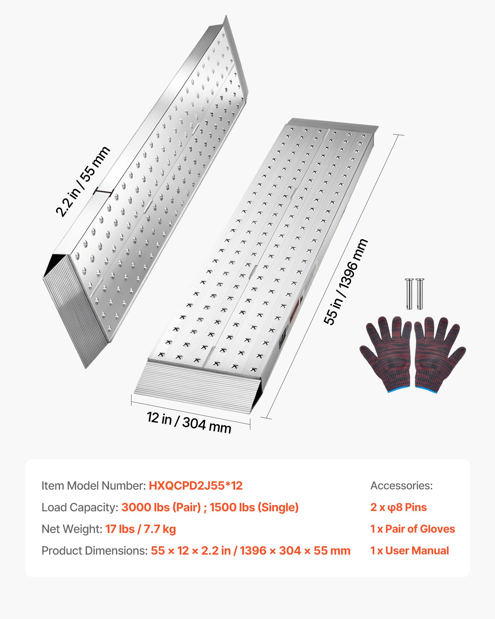 VEVOR Auffahrrampen 2 STK. Laderampen 1396 x 304 mm, Anhängerrampen mit Antirutschplatten & 1360 kg Gesamttragfähigkeit, Verladerampen Aluminiumrampen für Motorräder Rasenmäher Traktoren Anhänger