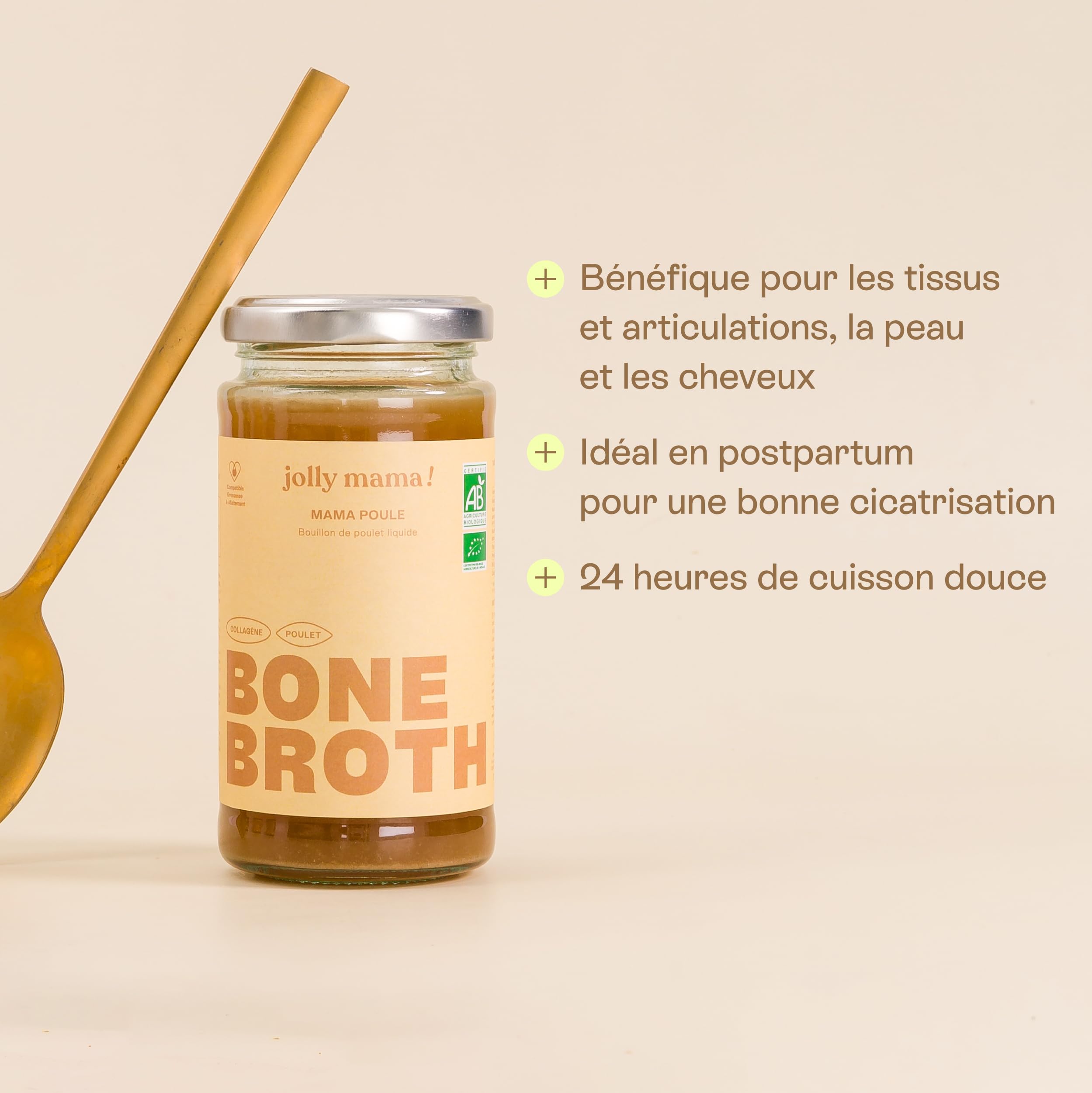 Jolly mama! Mama Poule | Bouillon d'Os de Poulet Bio | Riche en Collagène | Idéal en Postpartum | Sans Graisse Ajoutée | Fabriqué en France | 6 X 240 ml