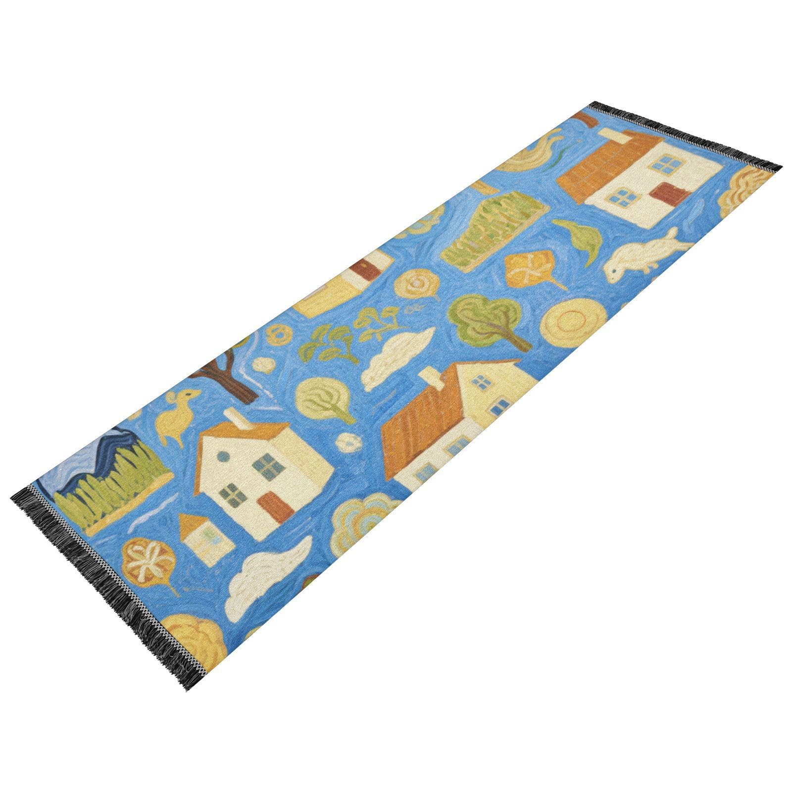 Tapis de couloir lavable pour salle de bain et buanderie style maison de village bleu