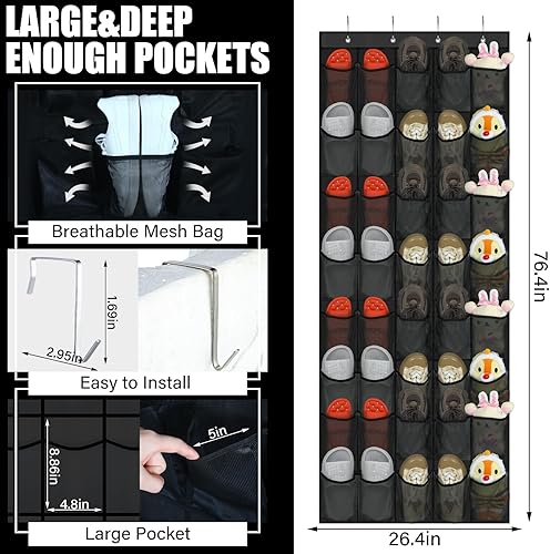 Miniatura 3 de Windyun Organizador de zapatos para colocar sobre la puerta, 40 bolsillos grandes de malla transpirable, para colgar zapatos para armario, soporte