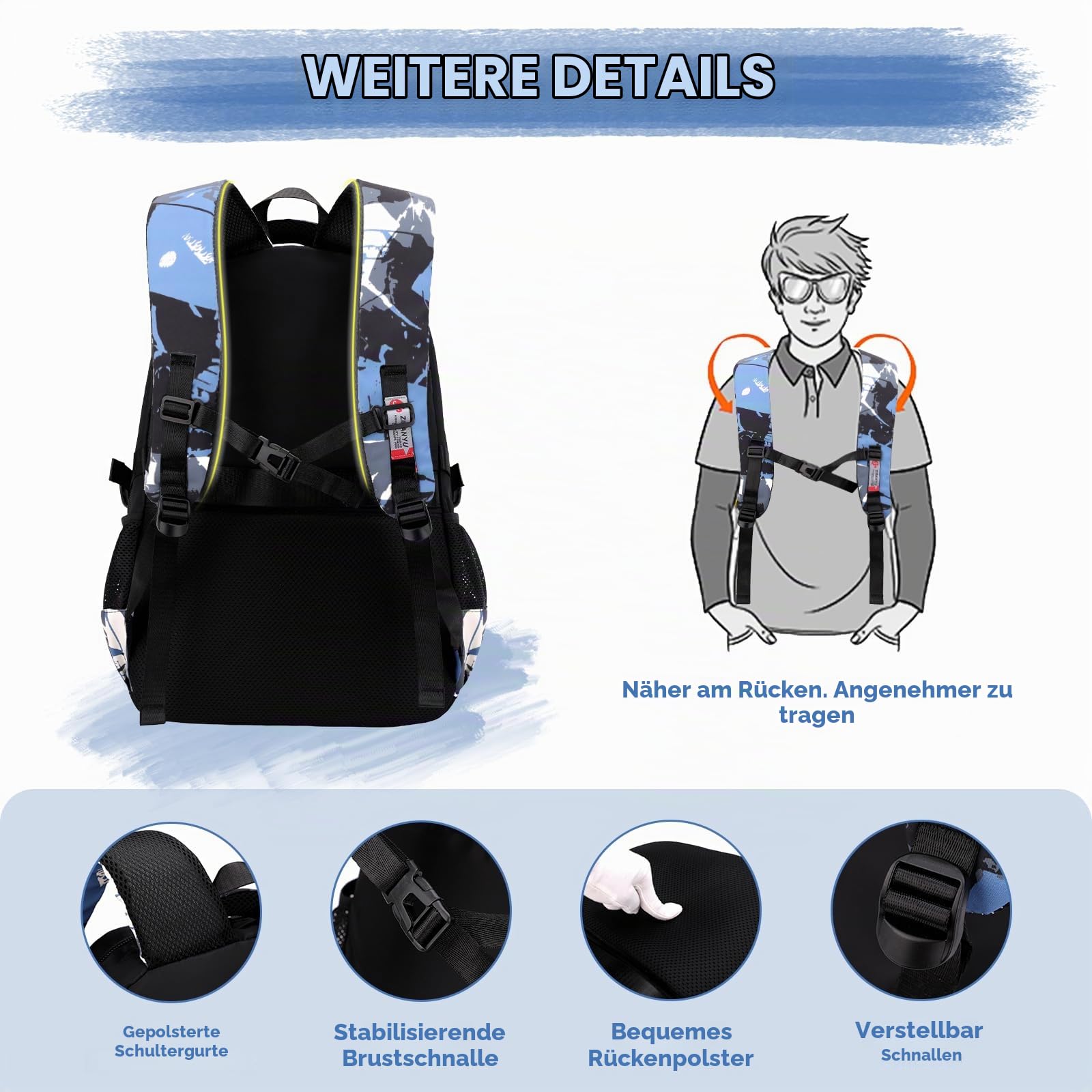 Amythe Rucksack Teenager Jungen Schulrucksack - 40L Schulranzen für Grundschule 5+, Realschule & Universität, Modischer Daypack für Reisen, Lässig 16 Zoll Laptop-Rucksack Herren, Schwarz