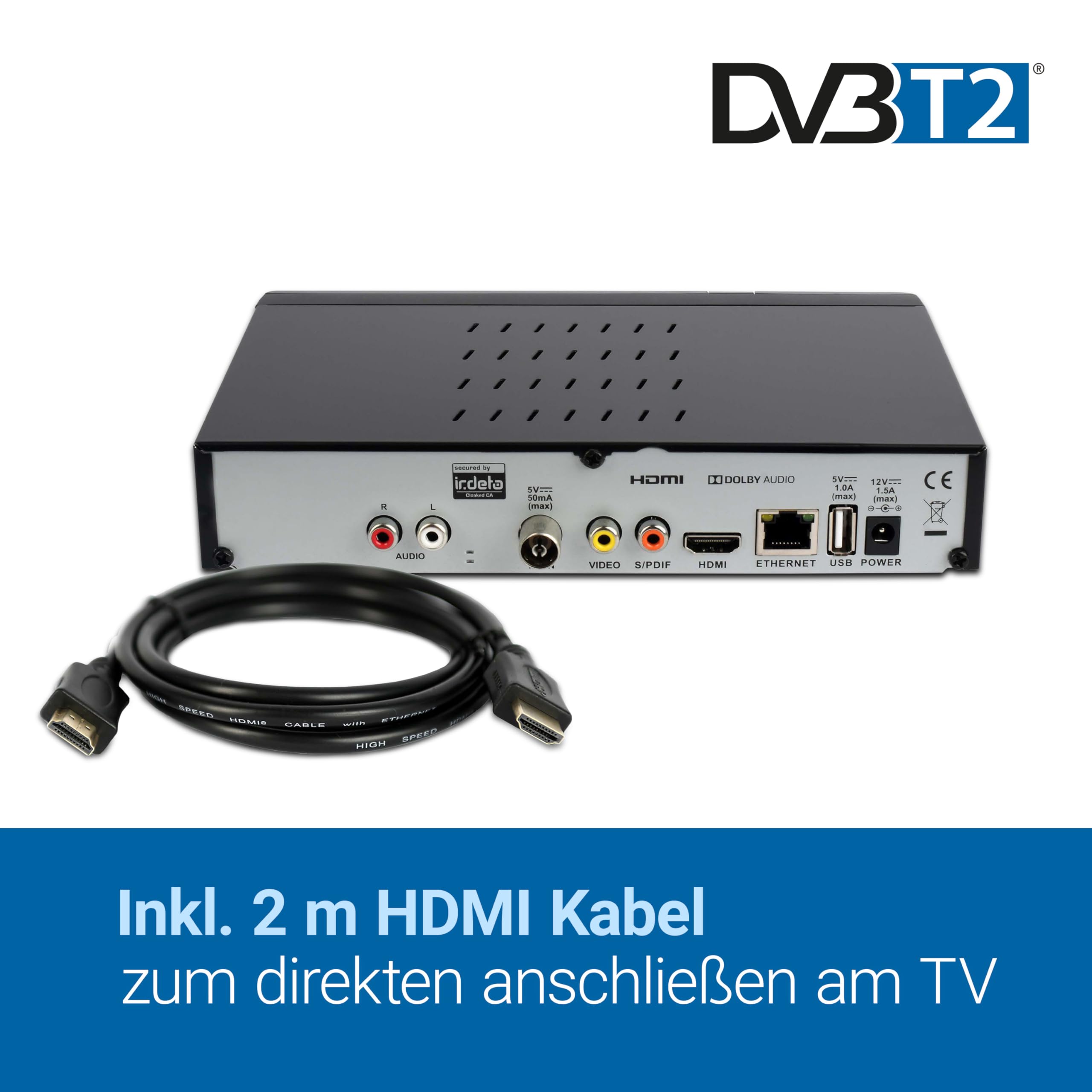 SET-ONE EasyOne 740 HD DVB-T2 Receiver, Freenet TV (Private Sender in HD), Full-HD 1080p, HDMI, USB 2.0, 12V tauglich, 1,5m HDMI Kabel