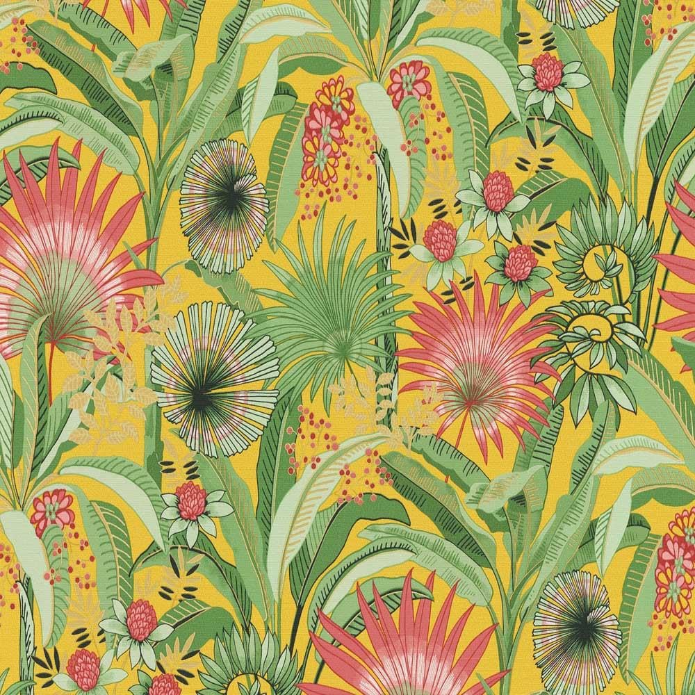 Martinique Tropical Yellow Wallpaper - Botanical Leaves Flowers Floral Stylish - Textured Paste The Wall Vinyl