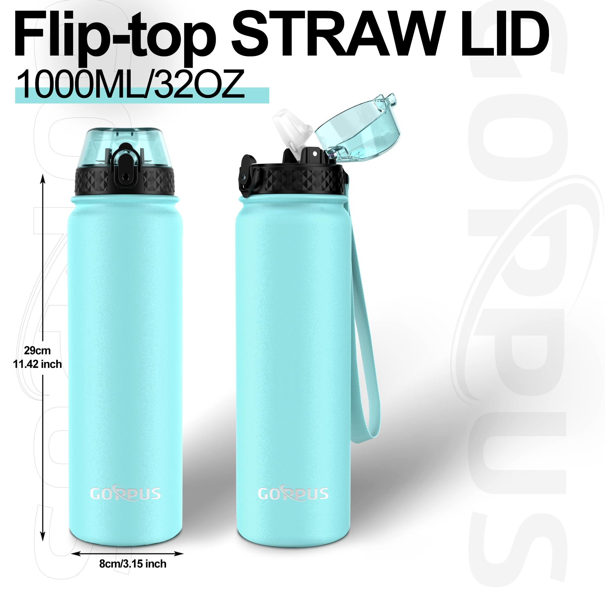 GOPPUS Thermos 1L/32oz con cannuccia, doppio strato in acciaio inox, a prova di perdite, per acqua e anidride carbonica, senza BPA