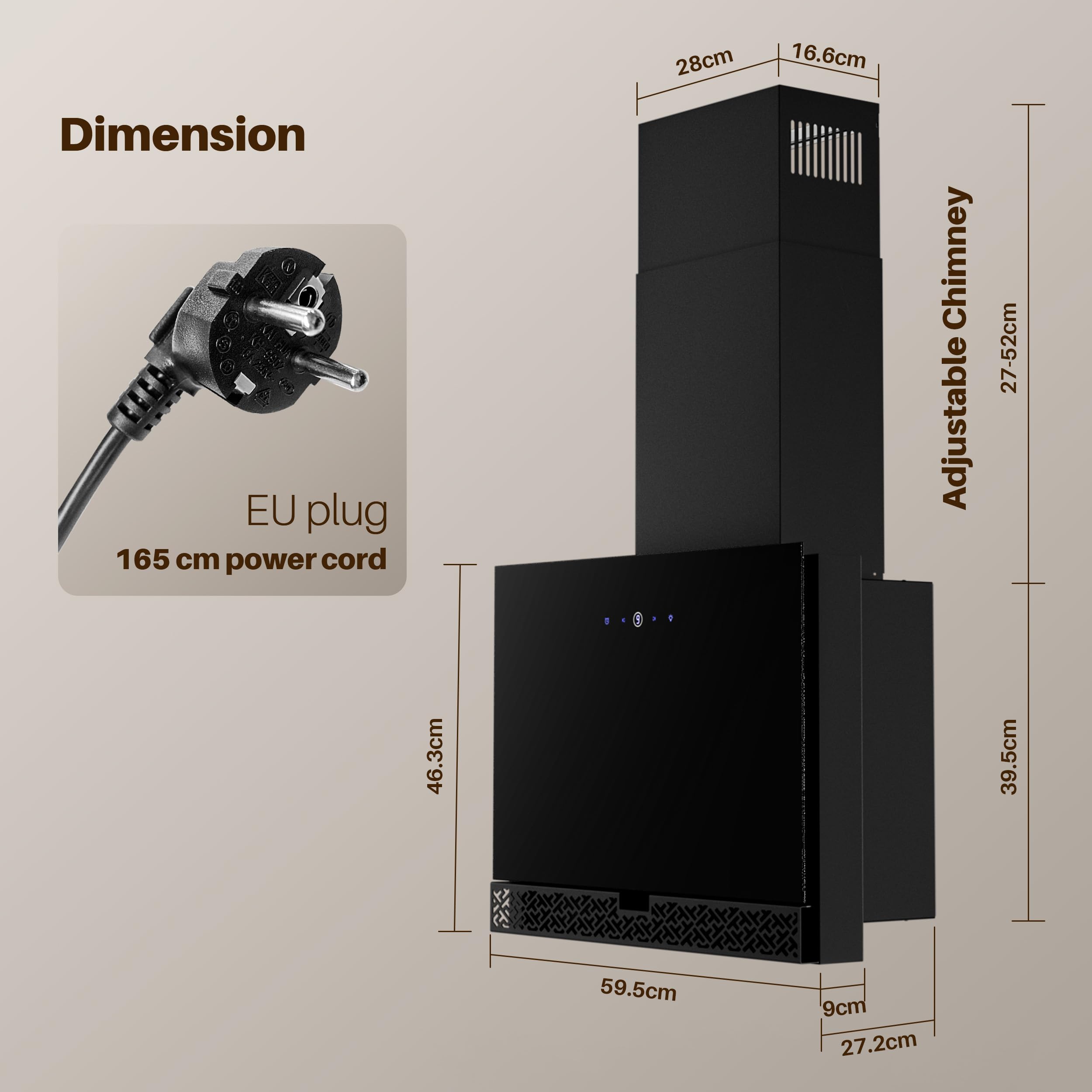FIREGAS Okap kuchenny 60 cm obiegu, ilość powietrza 510 m³/h, cichy silnik bezszczotkowy, ekran dotykowy, LED, z filtrem węglowym CC170, montaż ścienny