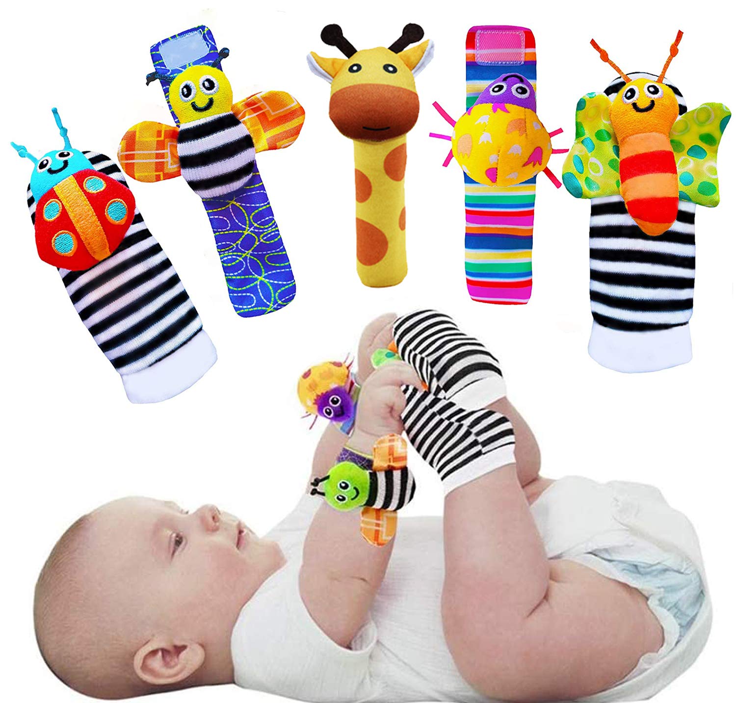 Foot Finders & Wrist Rattles for Infants - Developmental Texture Toys for Babies - Infant Socks & Baby Wrist Rattle - Newborn Toys for Girls Boys 0-3 3-6 6-9 Months