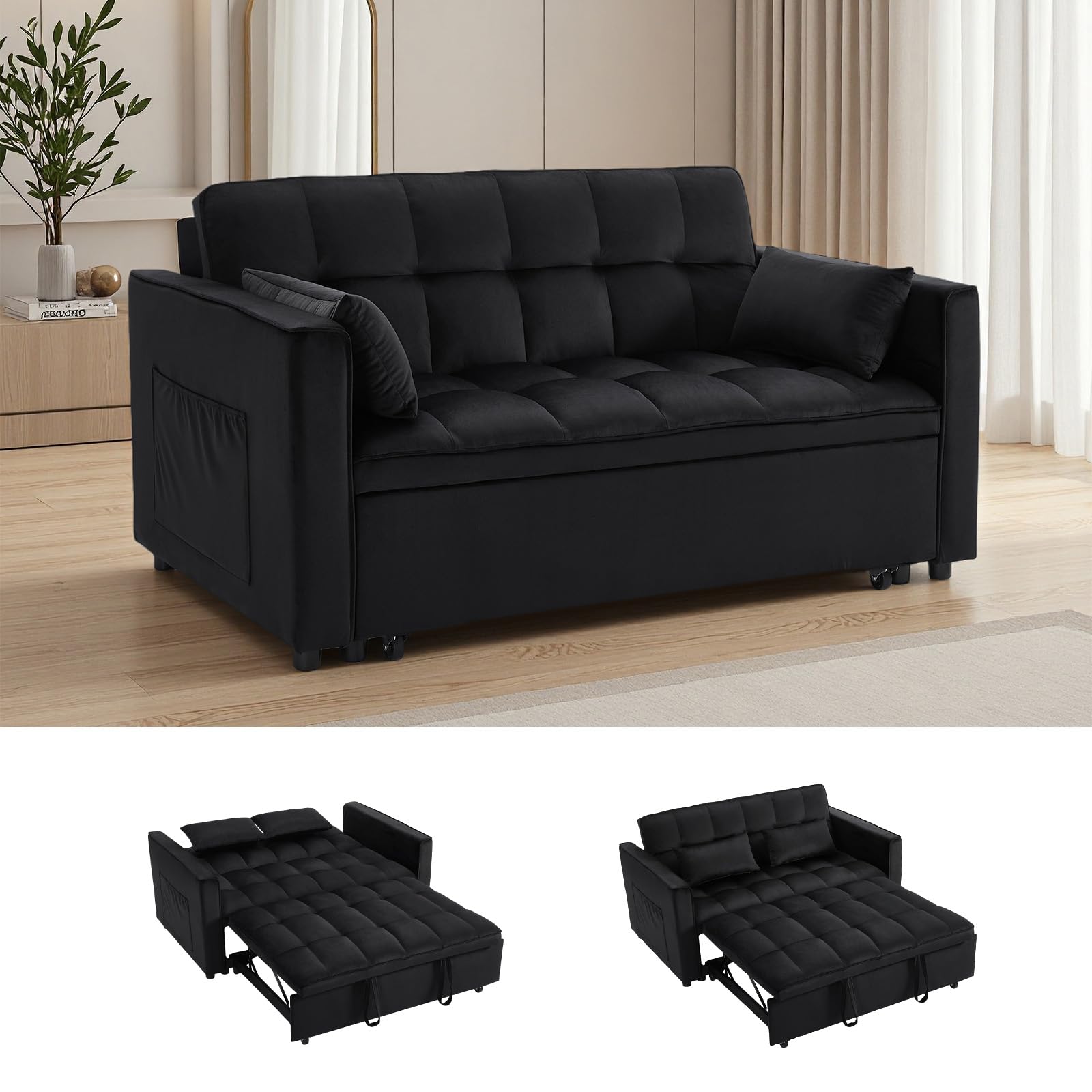 loveseat sleeper sofa, 3 in 1 convertible sofa bed, adjustable backrest comfy pull out couch, modern upholstered sofa for living room bedroom apartment small space (black)