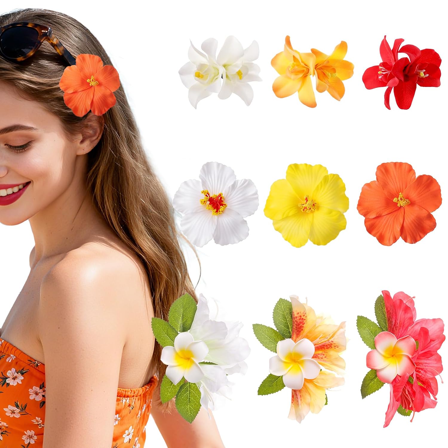 9 Pcs Hawaiian Flower Hair Clips for Women, 3 Styles Artificial Flower Side Barrettes, Accessories for Beach Luaus(Plumeria Hibiscus Lily)