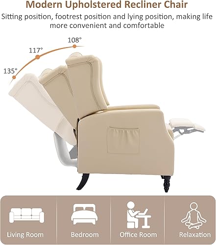 Miniatura 3 de Suheww Silla reclinable moderna, silla reclinable tapizada con respaldo de ala, sofá individual copetudo, sillones reclinables para sala de estar,