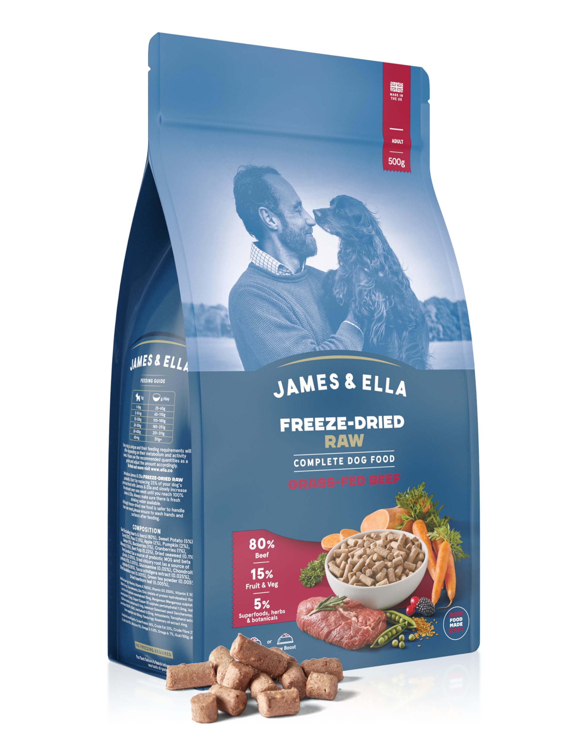 James & Ella Complete Freeze-Dried Raw Dog Food, Grass Fed Beef (500g) Packed with Protein, Essential Oils & Minerals | Lightweight & Gluten Free | 80% Meat with Fruit, Vegetables & Superfoods