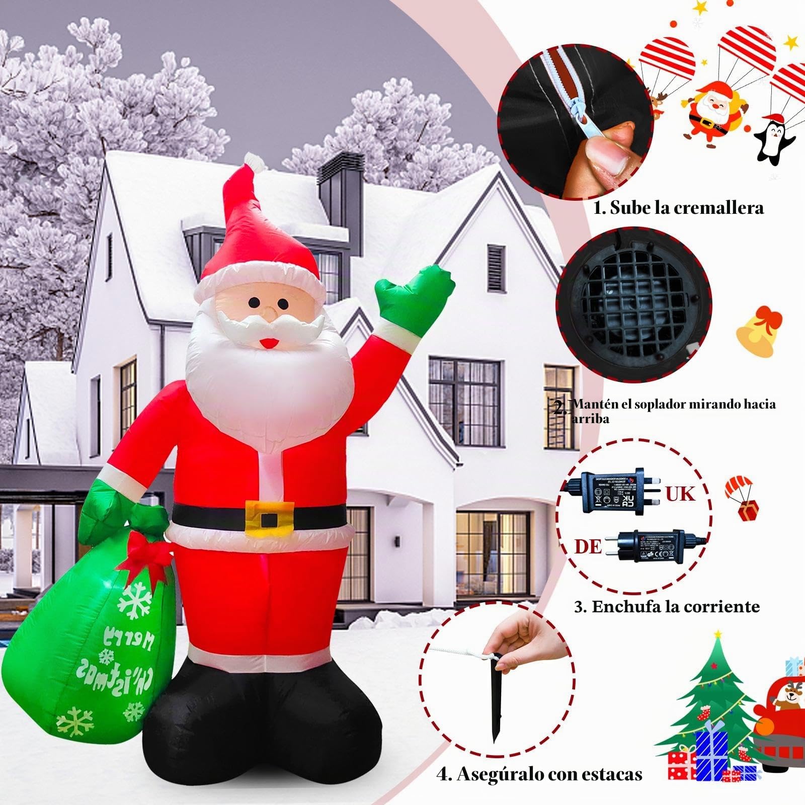 TEPENAR 245 cm inflable Papá Noel con lucesLED,8 pies inflable decoración navideña IP44 impermeableNavidad Santa gigante figura con regalos interior exterior iluminación decoración para jardín césped