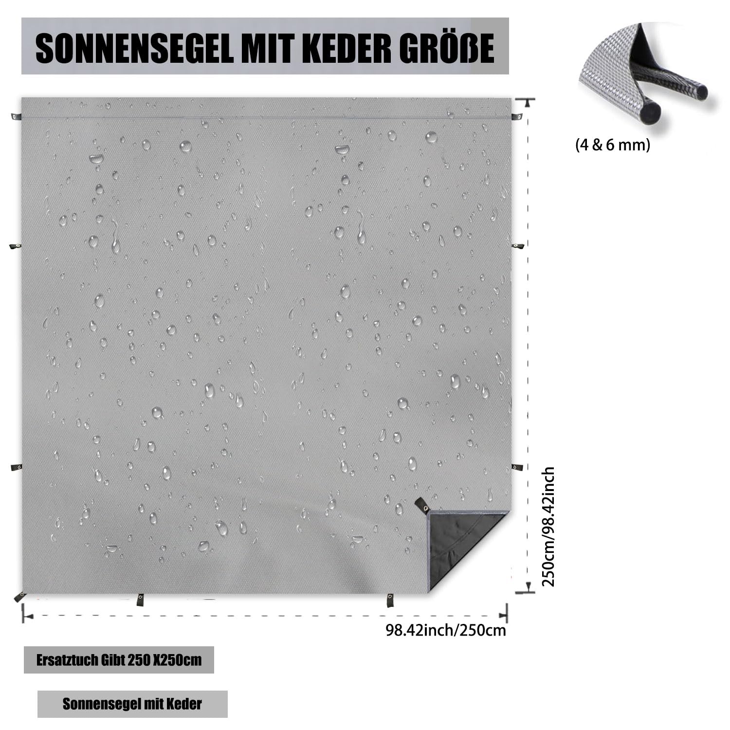 Markise, Sonnensegel mit Keder, Sonnensegel Wohnwagen, Kederschiene(4-6mm), V-w T4, T5, T6, Vorzelt Wohnwagen, Must Have für Camper, Ersatztuch Gibt 250 X250cm(grau)