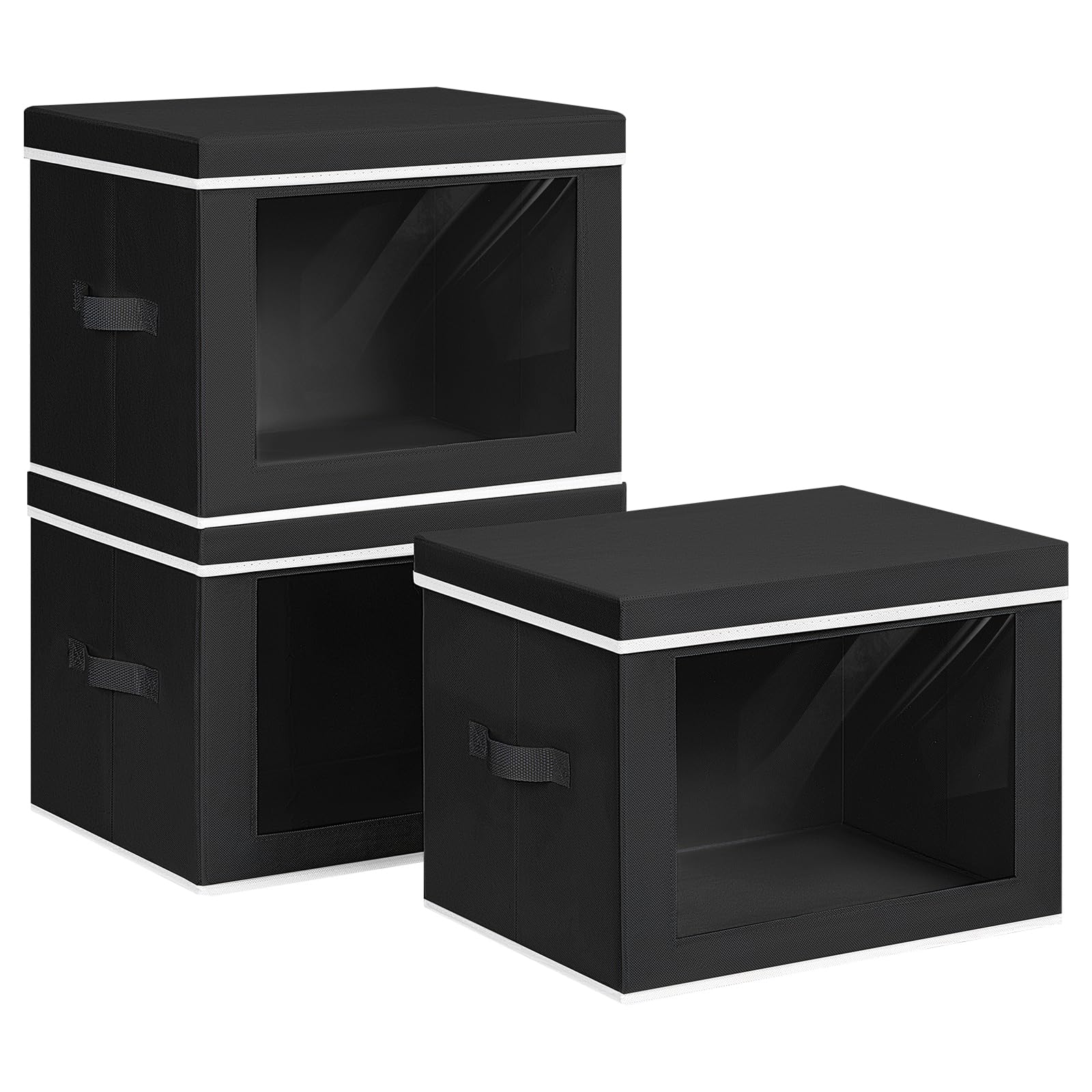 Homsorout Collapsible Storage Bins with Lids - Stackable Storage Containers with Window, 15.7 Inch Fabric Organizing Bins for Closet, Home &amp; Office Organization Baskets, Black, 3 Pack