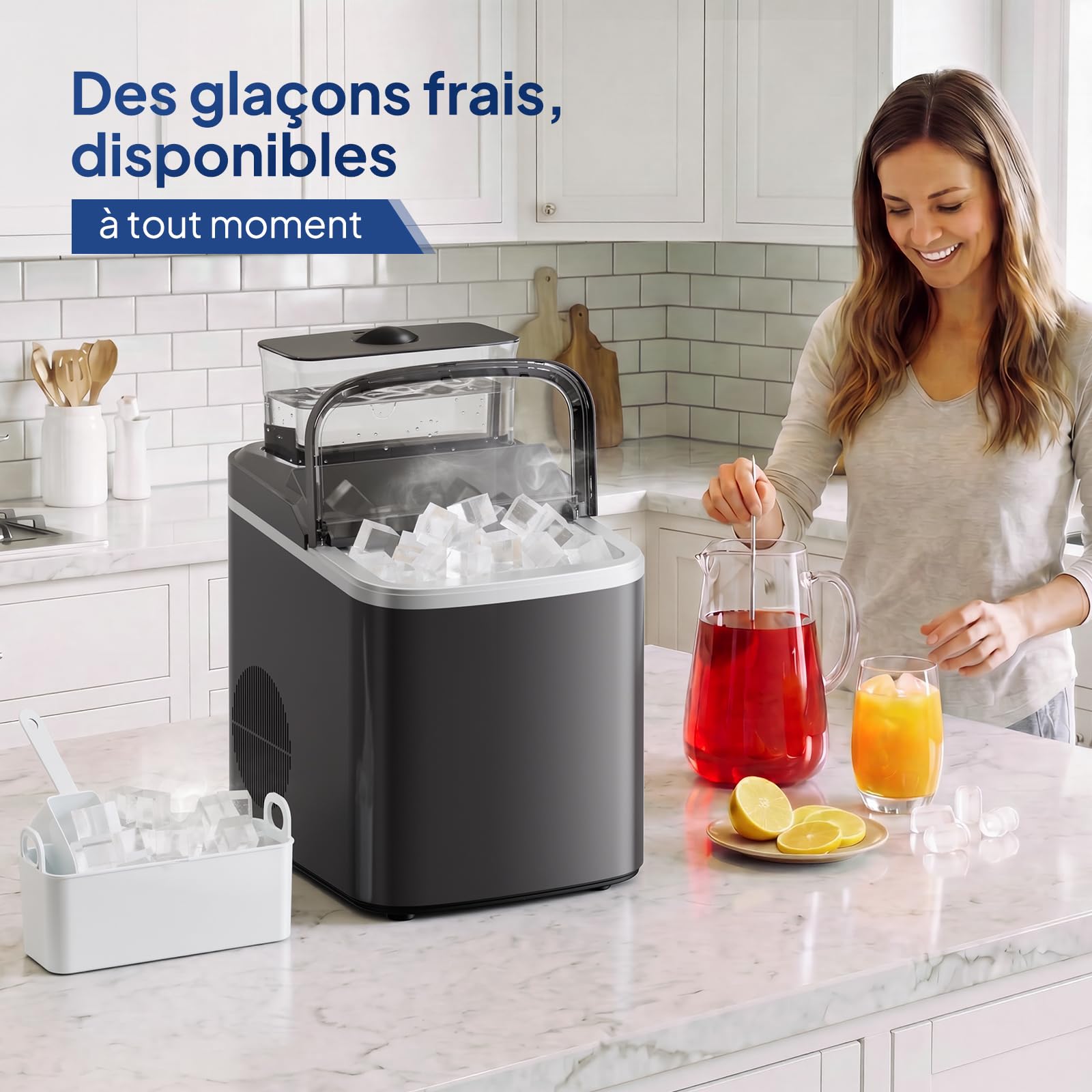 ROVSUN Machine à Glaçons, 18kg/24h, 12 Glaçons en 8 Minutes, Machine a Glacons Auto-Nettoyante, Affichage LED, Indicateurs eau/glace pleine, Pour Maison, Soirée, Barbecue, Restaurant