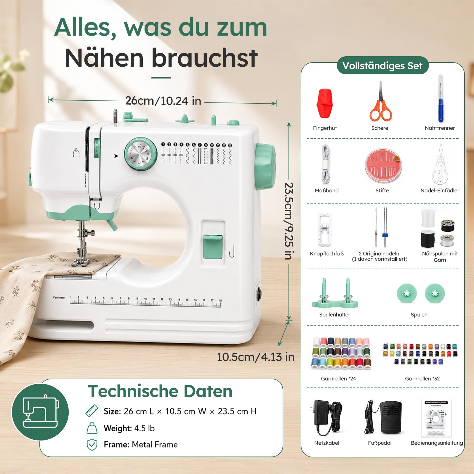 Mini Nähmaschine für Anfänger, Tragbare Elektrische Nähmaschine mit 12 Nähprogrammen, Automatisches Einfädeln, Doppelnadel, LED-Licht, Fußpedal, 58-teiliges Zubehör, Ideal für Kinder & Reparaturen