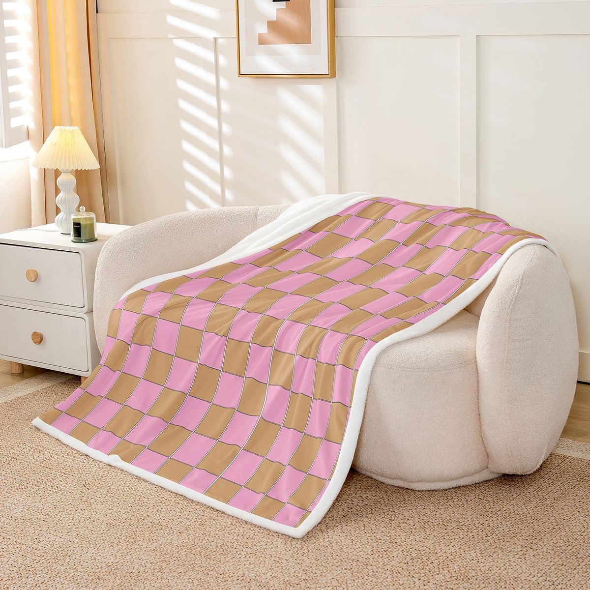 Erosebridal Gaming Plaid Fuzzy Plush Throw Geometric Checkered Fleece Blanket Pink Brown Sherpa Blanket for Kids Boys Girls,Cute Checkerboard Decor for Bed Couch Queen 90"x90"