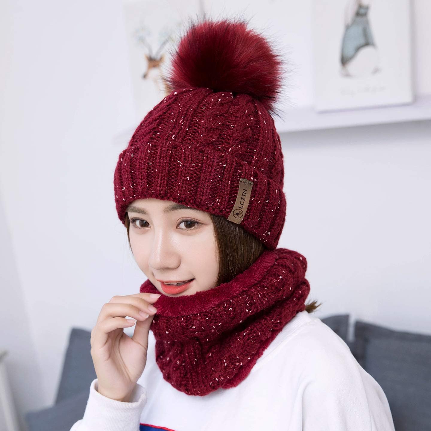 LCZTN Womens Pom Beanie Hat Scarf Set Girls Cute Winter Ski Hat Slouchy Knit Skull Cap with Fleece Lined - Image 4