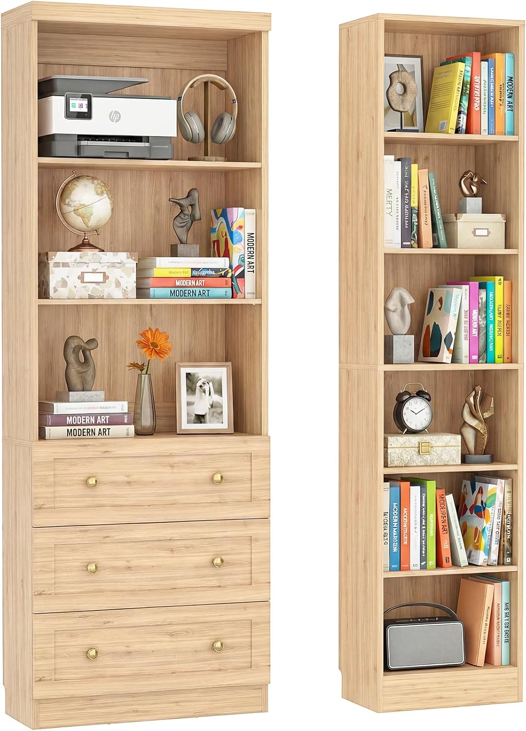 Cyclysio 80" Bookshelf with 3 Drawers, 6-Tier Bookcase Open Storage Shelf, Tall Bookcase with Adjustable Shelves for Bedroom Living Room Home Office (Natural, Set of 2)