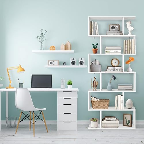 Miniatura 2 de Giantex Estantería geométrica blanca, de madera en forma de S, 6 niveles, moderna, independiente, decorativa, para dormitorio, sala de estar