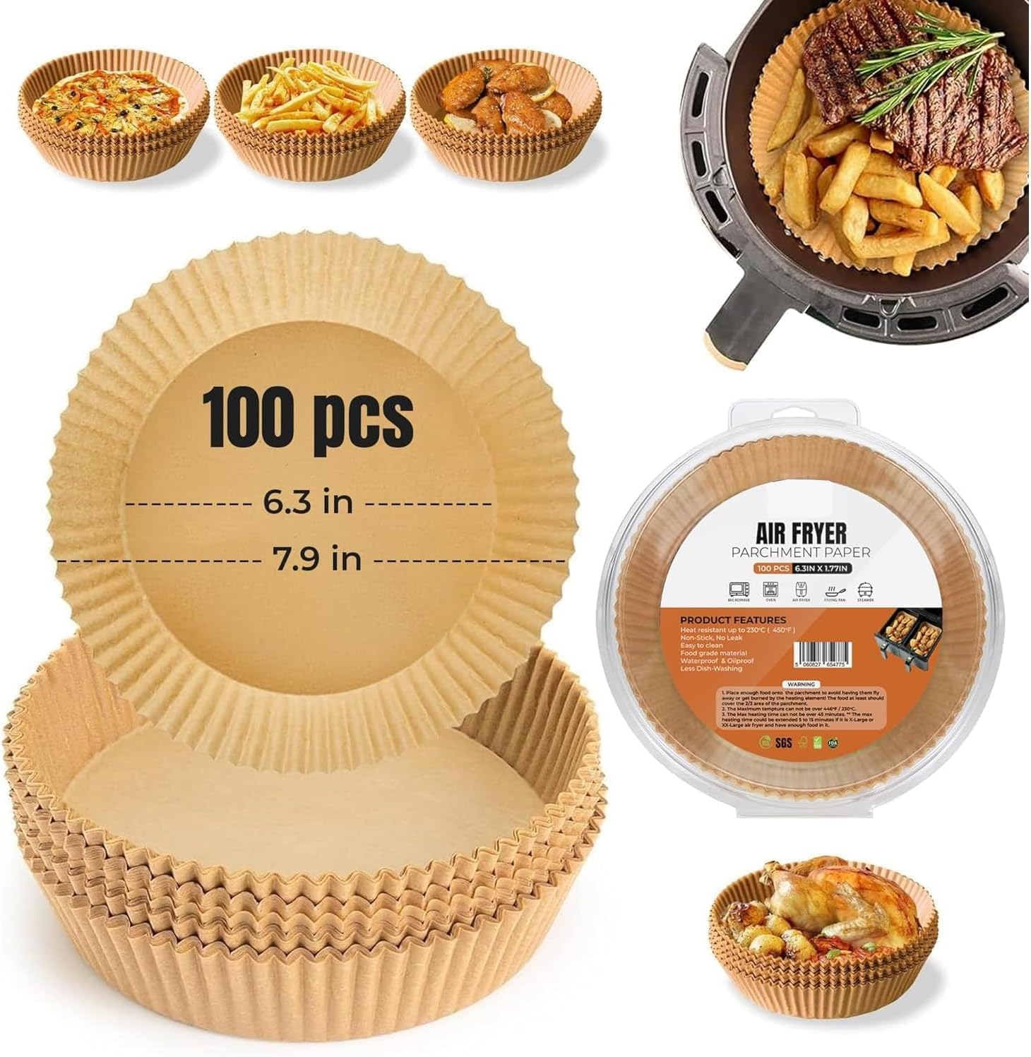 Roe Tenpo Backpapier für Heißluftfritteuse, 16 cm (6,3 Zoll), 100 Stück, Rund, Antihaftbeschichtete Backpapier-Einlagen, Kompatibel Mit Ninja, Tower und Anderen Dual-Zone-Heißluftfritteusen