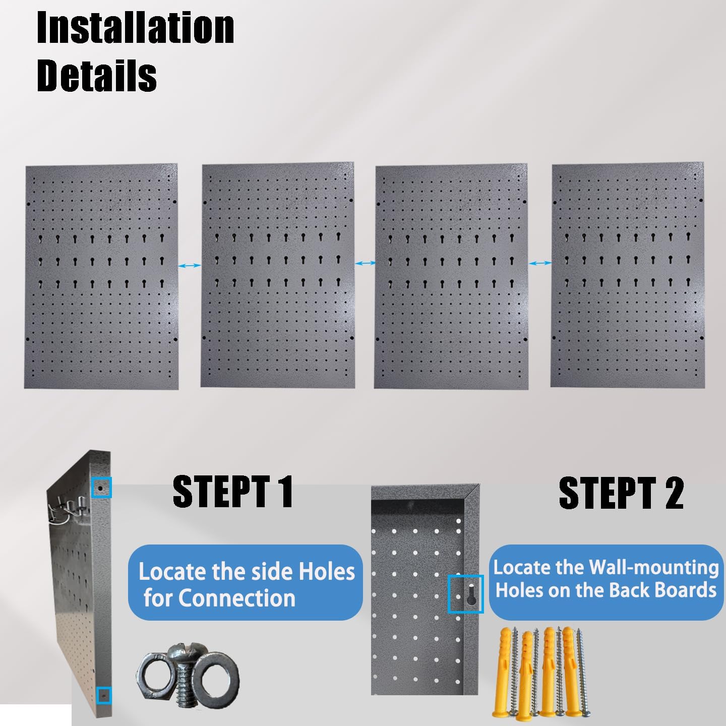Metal Pegboard Wall Organizer 4 Packs Pegboard with115 PCS Hooks Grey Pegboard Tool Organizer Kit for Garage Workshop