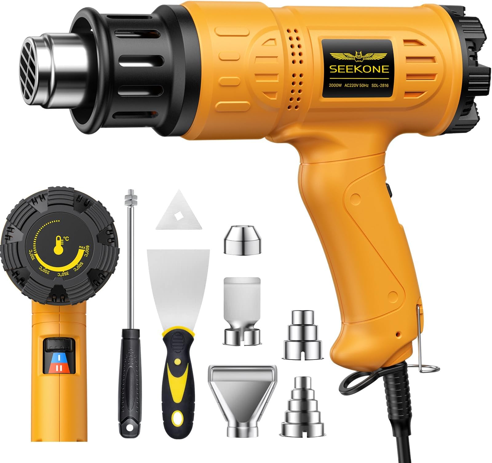 SEEKONE 2000W Professional Hot Air Gun 50℃- 600℃ Variable Temperature Control with 2-Temp Settings, Overload Protection, Double Heating Wire Fast Heating, 7 Accessories for Shrinking PVC