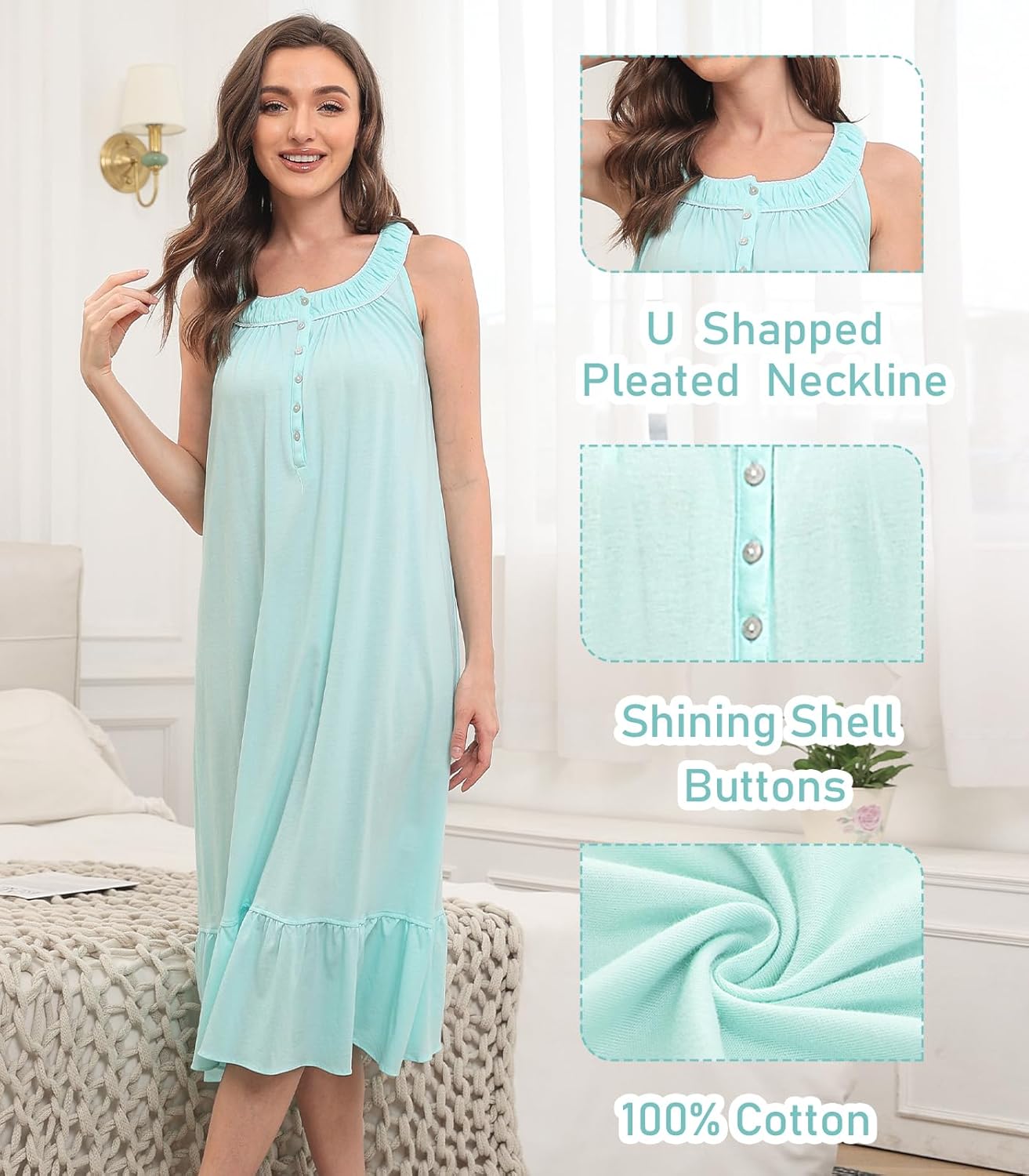 100% Cotton Nightgowns for Women Soft Night Gown Sleeveless Long Sleepwear Ladies Cute Victorian House Dress S-XXL - Image 2