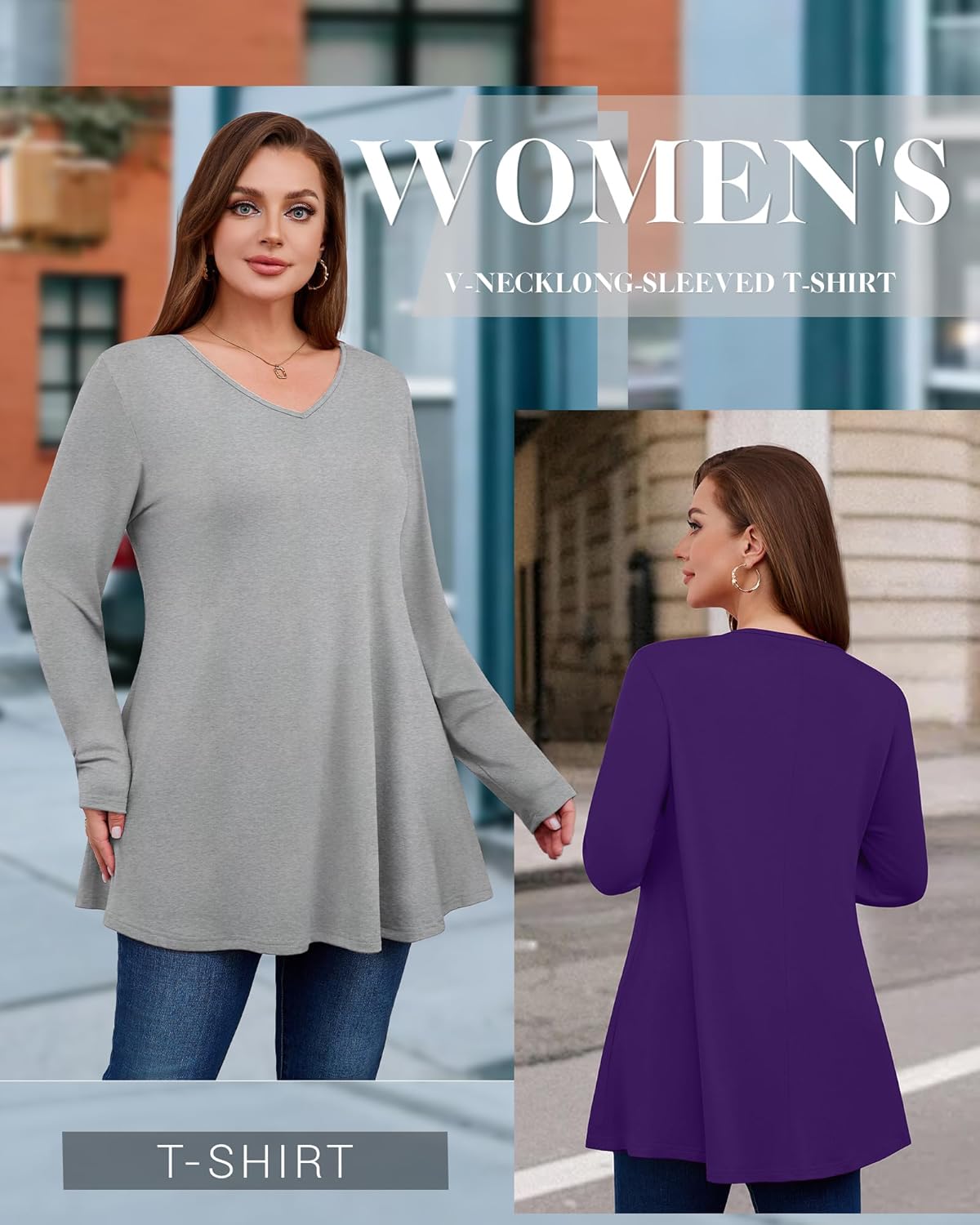 3 Pack Women's Plus Size Tunic Tops V Neck Long Sleeve Shirts Loose Fit Casual Flowy Tees with Leggings - Image 2