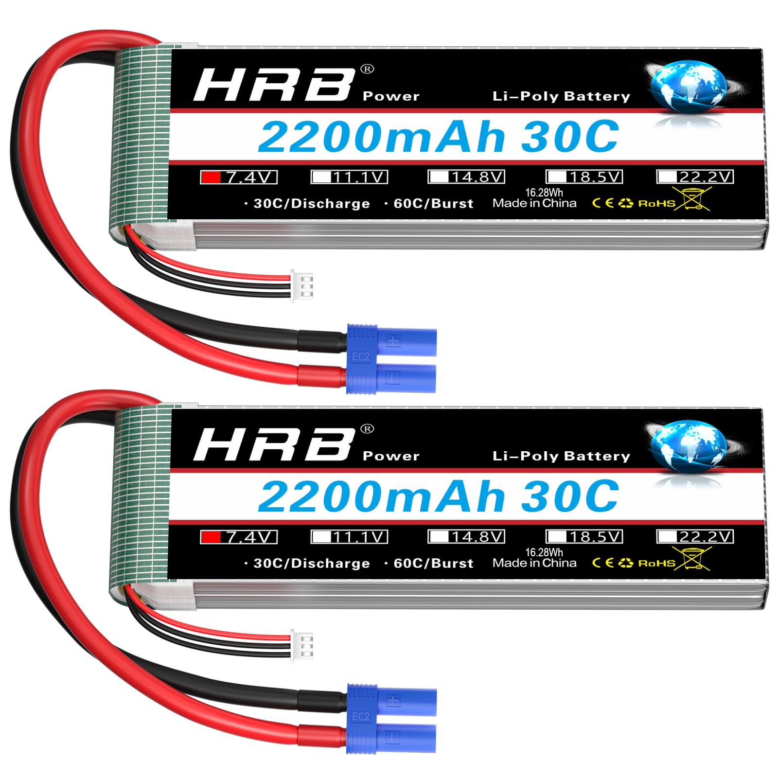 HRB 2S 2200mAh Lipo Battery EC2 30C 7.4V RC Lipo Battery Compatible with RC Car RC Truck RC Boat RC Airplane RC Helicopter (2packs)
