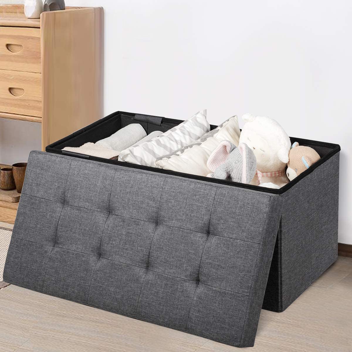 FANTASK Sitzhocker mit Stauraum, 80 cm x 40,5 cm x 40,5 cm Aufbewahrungsbox, klappbare Sitzbank, für Schlafzimmer & Eingangsbereich, dunkelgrau
