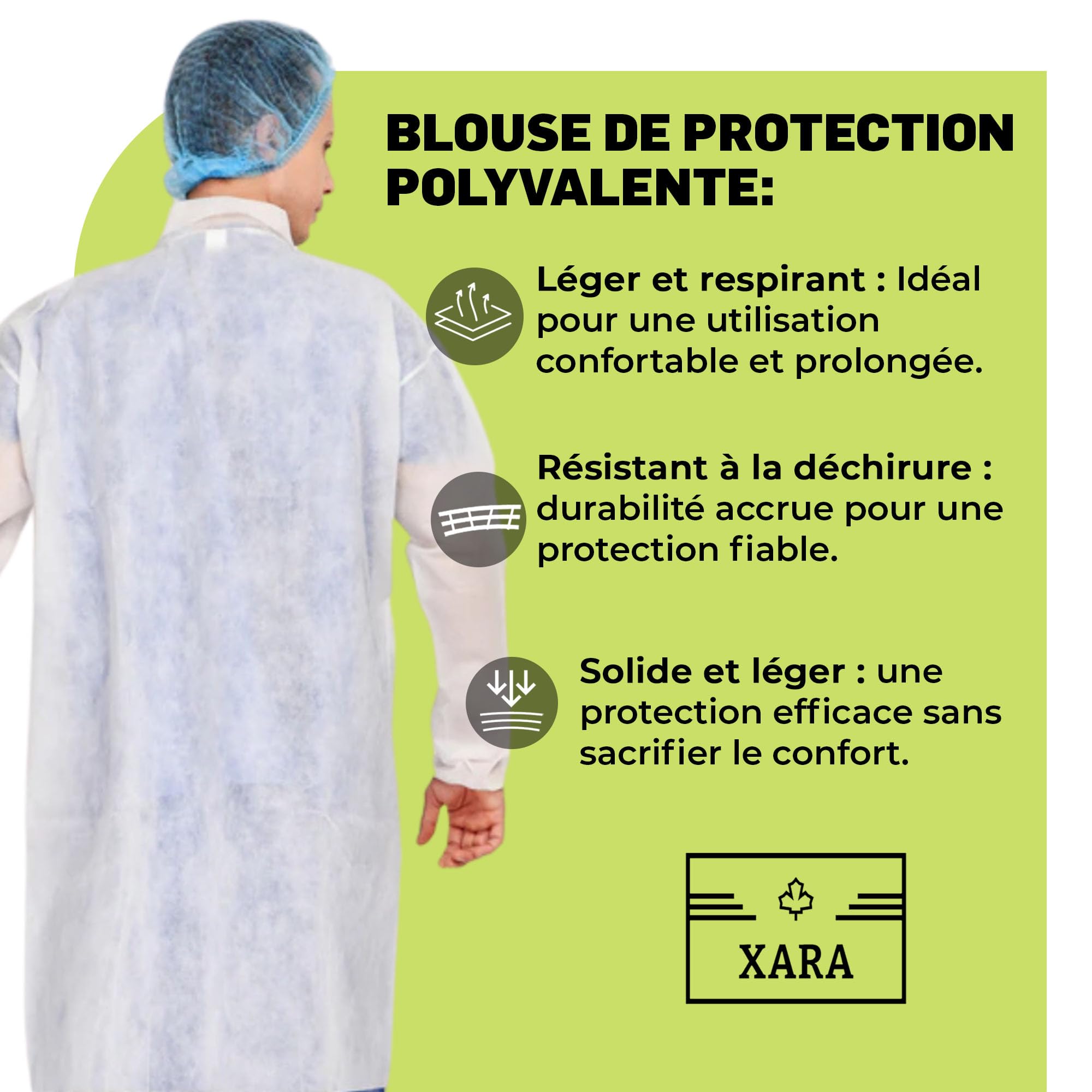 XARA Blouses Jetables Medical TNT avec Fermeture par Contact de 35 g - Lot 10 - Surblouse Jetable Respirant et Résistant - Protection et Hygiène - Taille Unique L - 105x127CM - Couleur Blanc