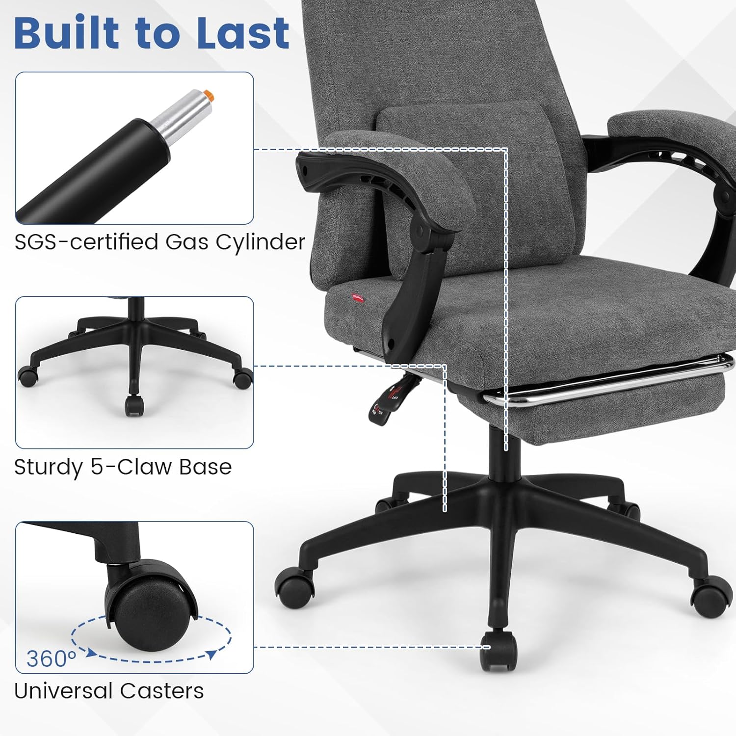 Giantex Reclining Office Chair, Chenille Fabric Desk Chair with Padded Linkage Armrests, Retractable Footrest, Neck & Lumbar Support, High-Back Ergonomic Executive Chair for Home Office, Gray