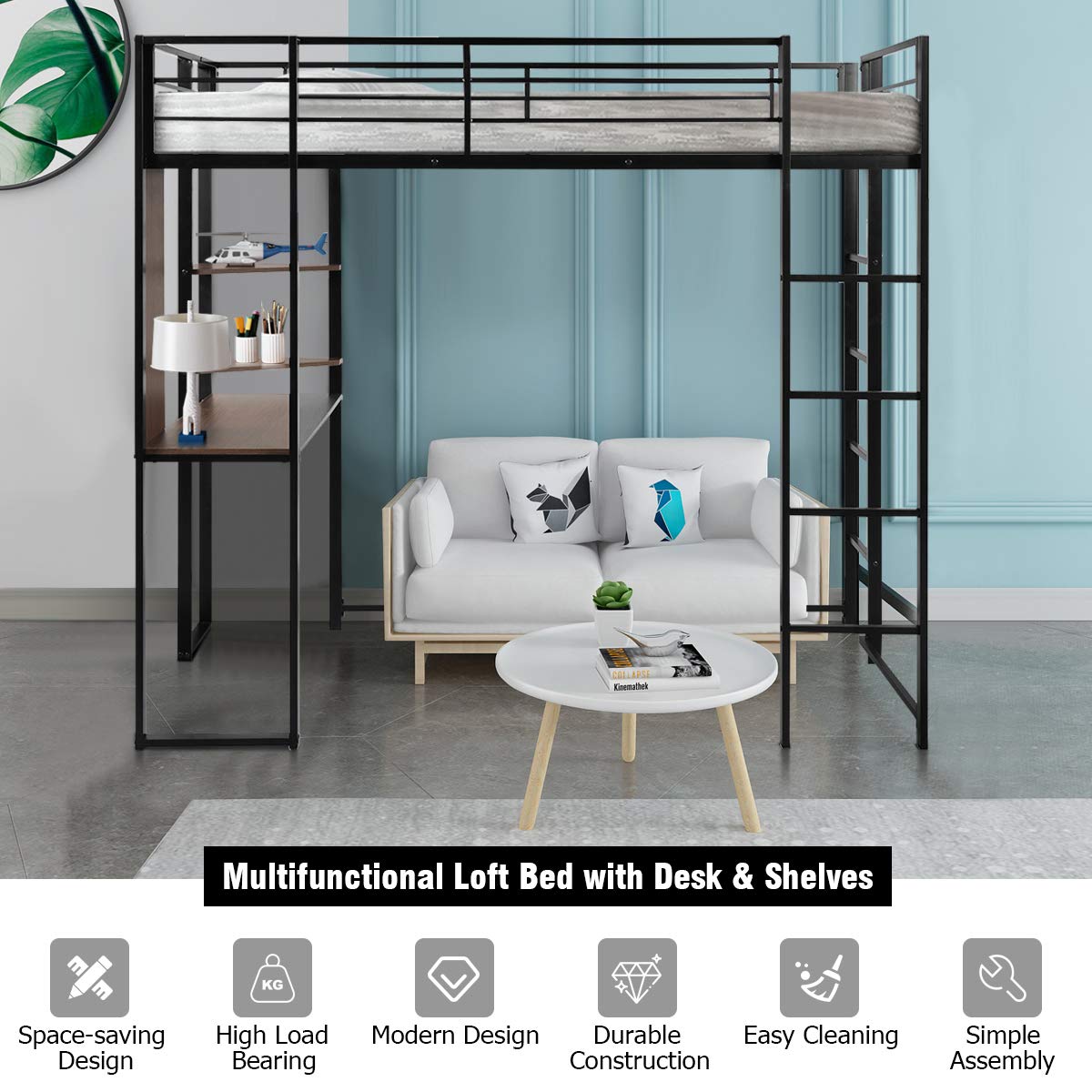 Giantex Metal Loft Bed Frame with 2 Ladders, SpaceSaving Bunk Bed with