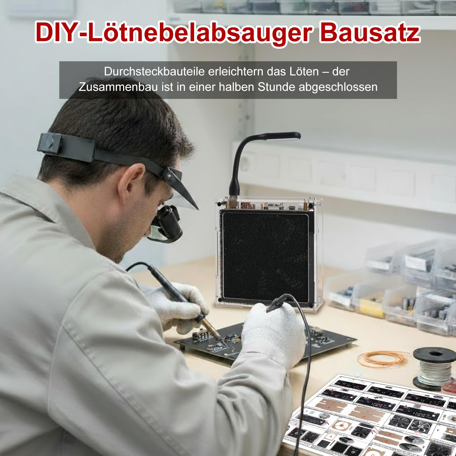 Kit de soudure pour aspirateur de brouillard à souder DIY - Kit d'absorbeur de fumée de soudure avec éclairage LED et filtres - Extracteur de fumée de soudure - Ventilateur fonctionnel pour station de