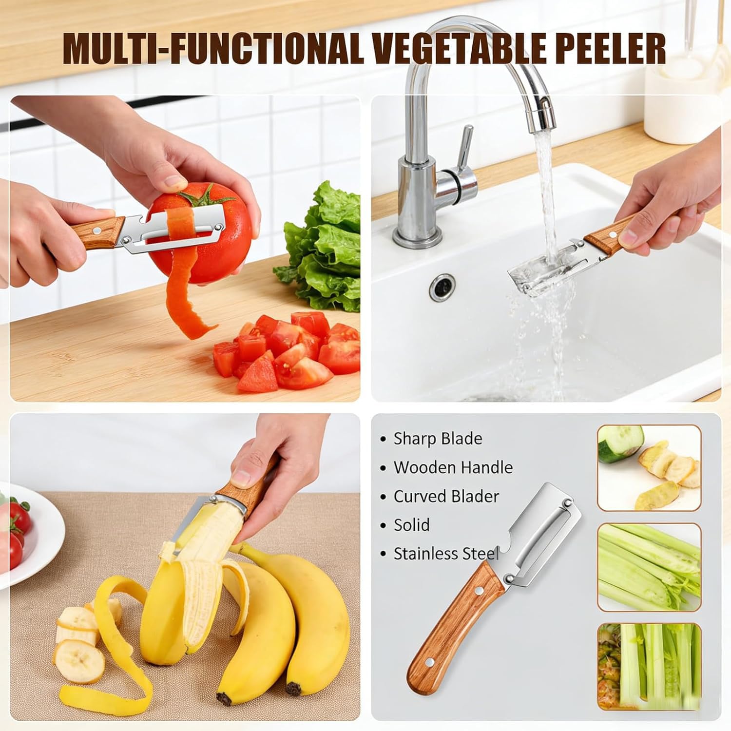 2 Pack Multifunctional Vegetable Peeler, Stainless Steel Blade Peeler with Wooden Handle, Built-in Bottle Opener, Non‑Slip Fruit Peeler for Kitchen, Ideal for Apple, Potato, Pumpkin, Papaya & More — view 6