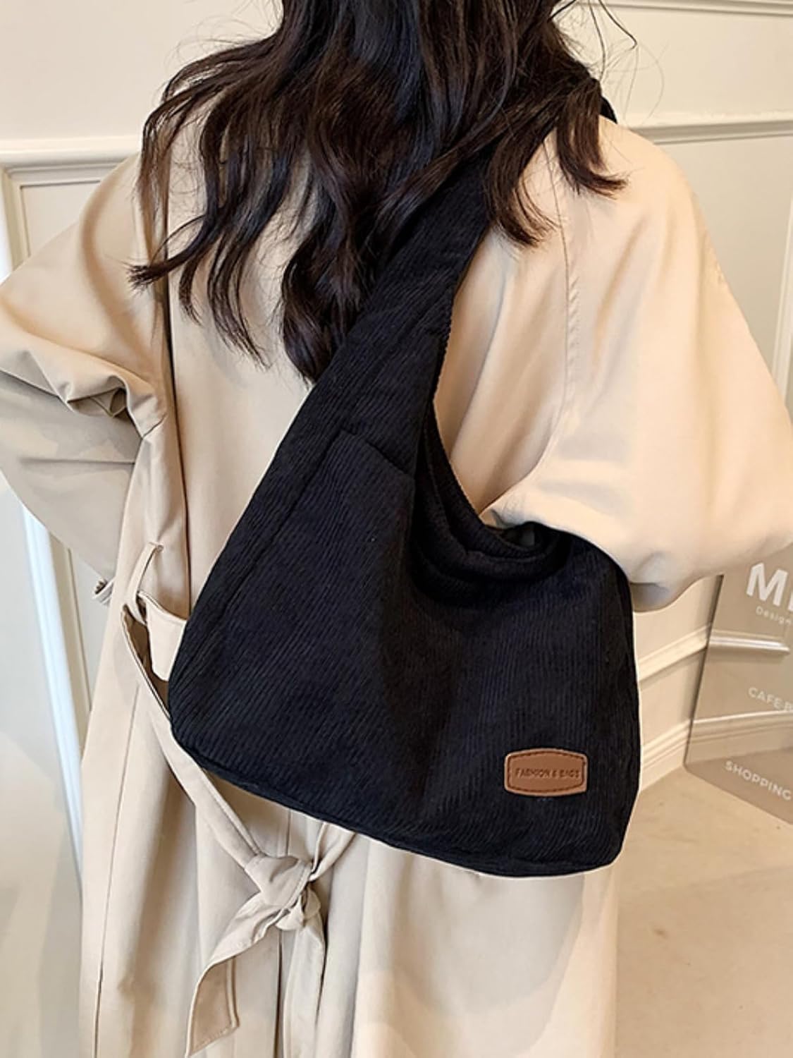 Corduroy Tote Bag Unisex Retro Handbag Multi Pocket Shoulder Work College Satchel Compartment Messenger Purse