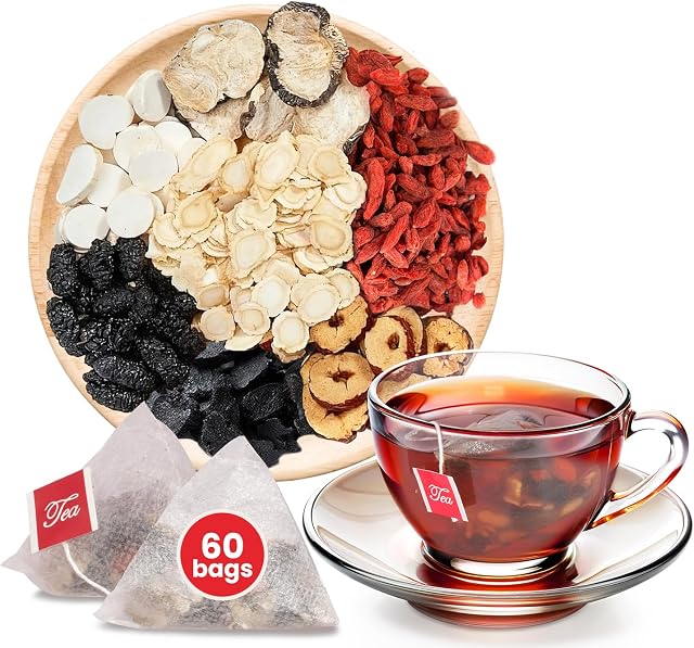 Yonitea Ginseng Six Treasure Tea, Panax & Mulberry Herbal Tea, Traditional Chinese Wolfberry Ginseng Five Treasure for Men and Women (60 Bags)