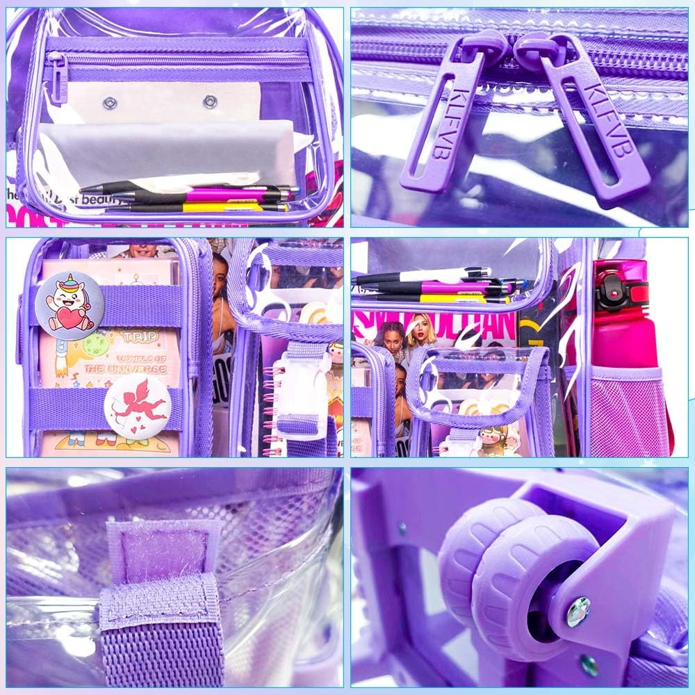 WZLVO Clear Backpack Rolling Backpack for Girls Women, Heavy Duty PVC Transparent Bookbag, See Through Wheeled Backpacks Set for Teens Elementary Travel - Purple