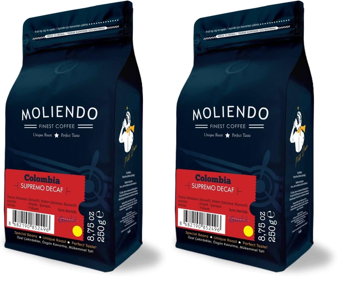 Moliendo Finest Coffee Colombia Supremo Decaf (Kafeinsiz) Yöresel Kahve (Çekirdek) 250 g (2 paketi)